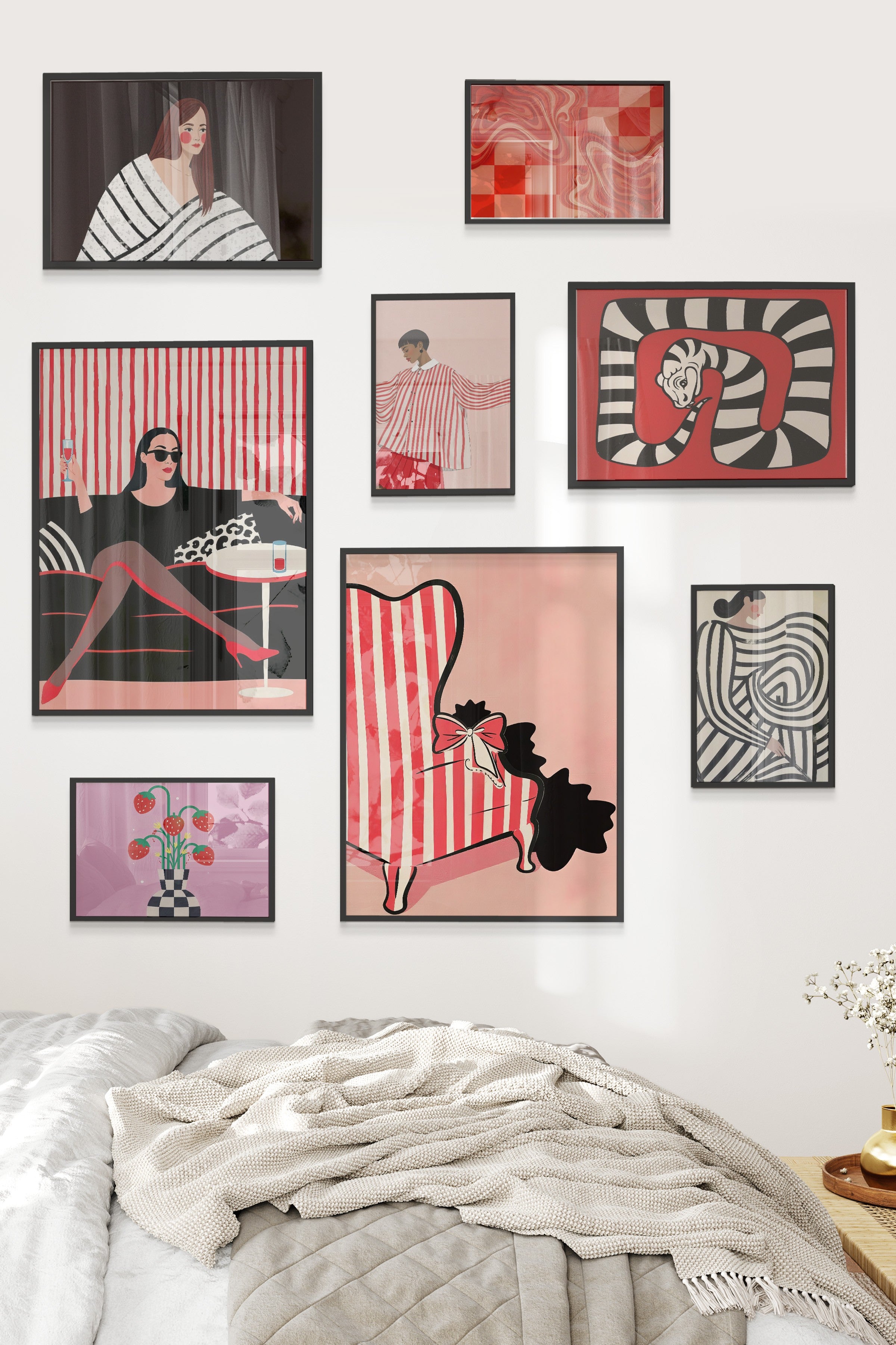 Çerçeveli Poster Seti, 8 Adet Siyah Çerçeve ve Poster Vintage Pembe Temalı Galeri Seti NO:075