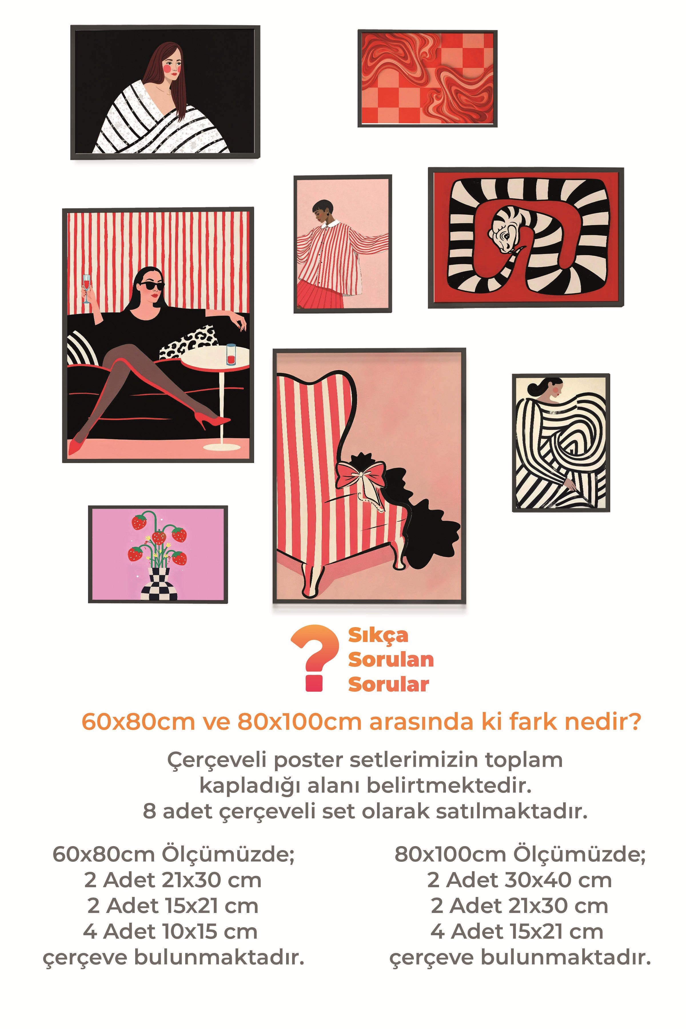 Çerçeveli Poster Seti, 8 Adet Siyah Çerçeve ve Poster Vintage Pembe Temalı Galeri Seti NO:075