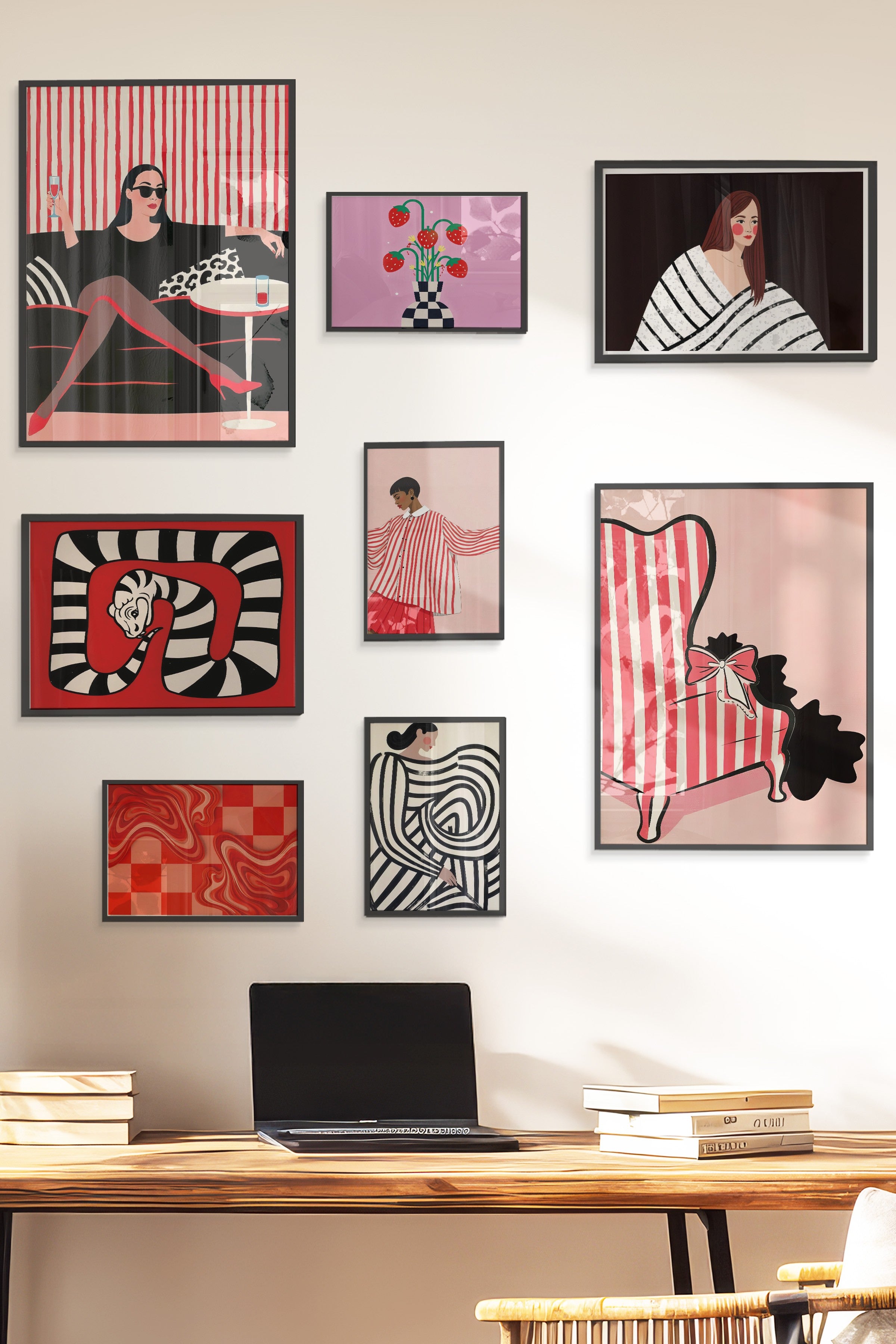 Çerçeveli Poster Seti, 8 Adet Siyah Çerçeve ve Poster Vintage Pembe Temalı Galeri Seti NO:075