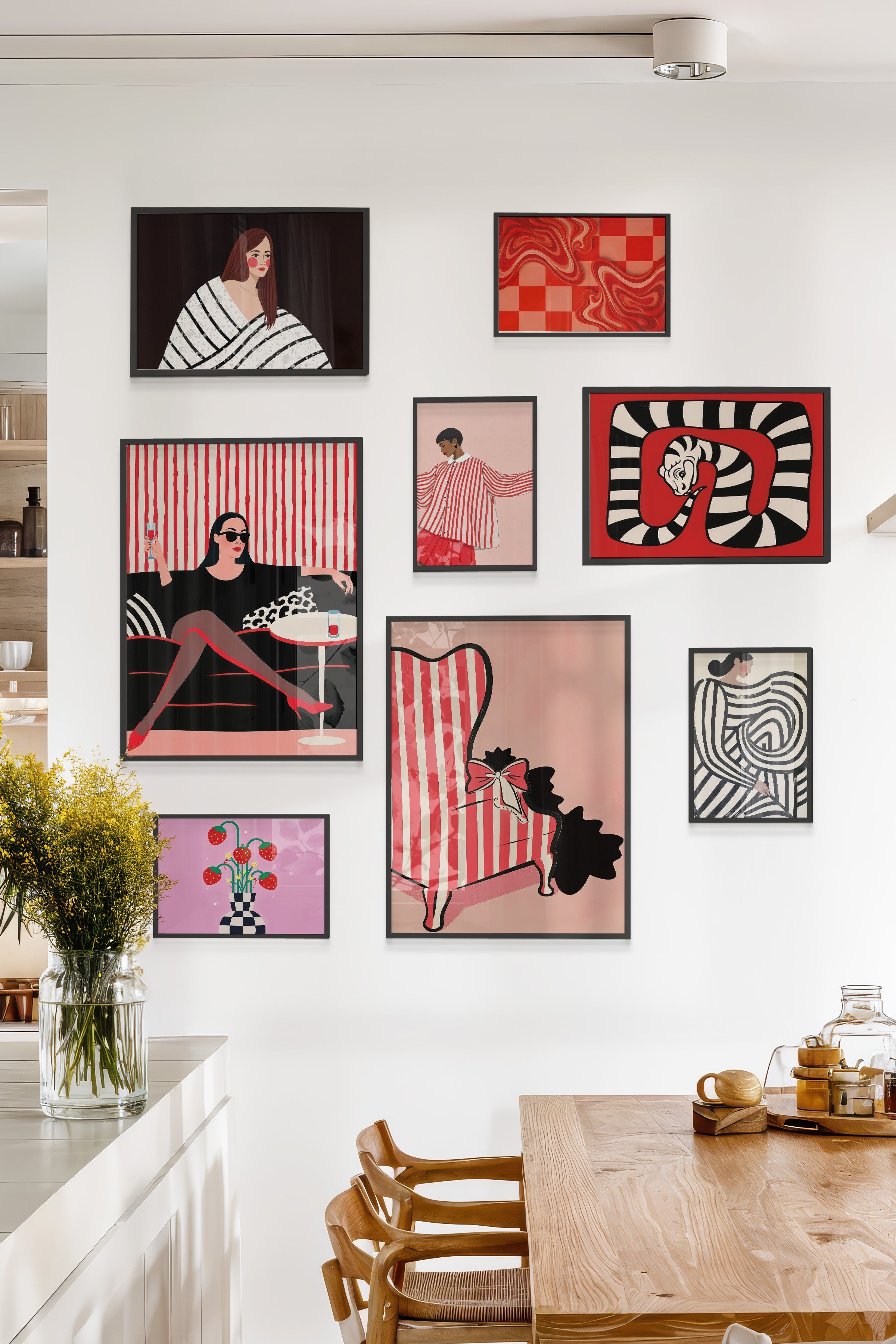 Çerçeveli Poster Seti, 8 Adet Siyah Çerçeve ve Poster Vintage Pembe Temalı Galeri Seti NO:075