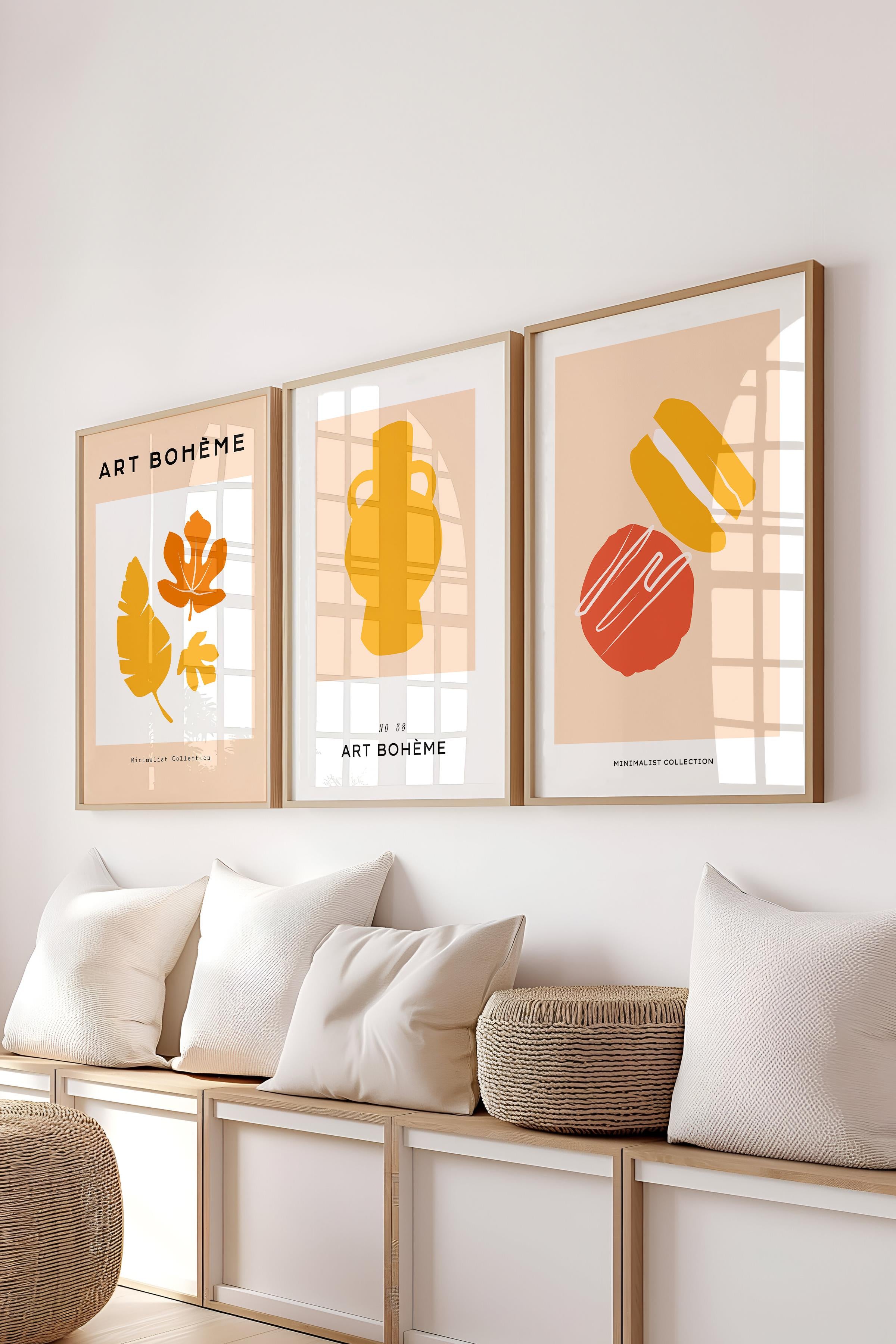 Çerçeveli Tablo Seti, 3 Adet Ahşap Çerçeve ve Bej Minimalist Temalı Poster Seti, No:300457