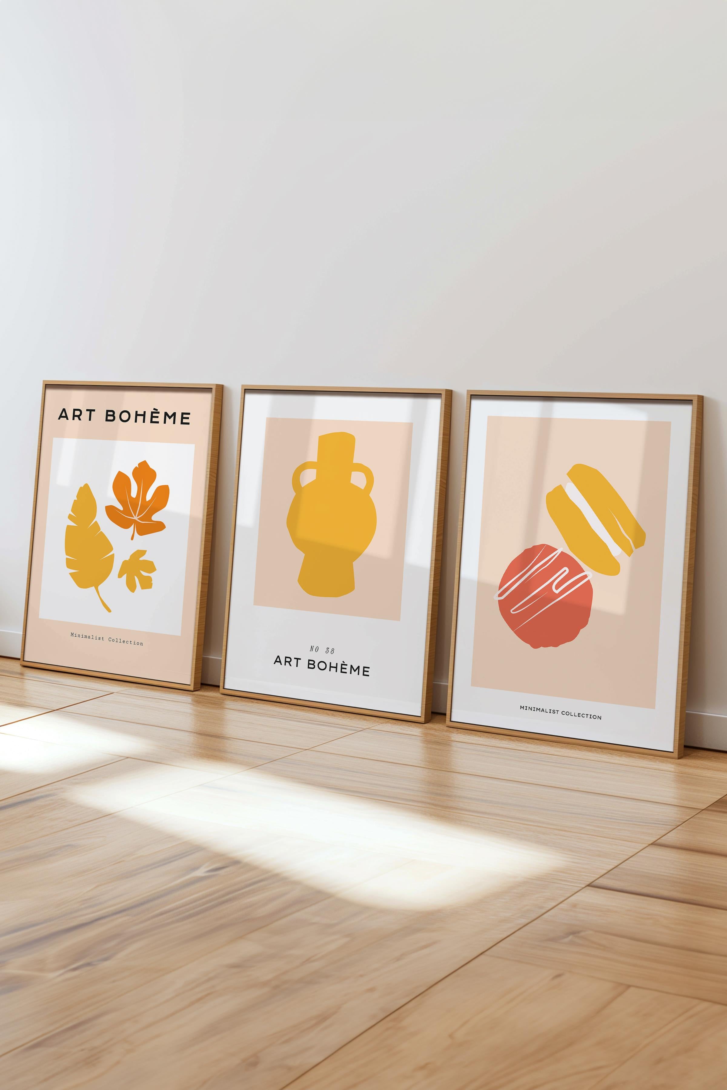 Çerçeveli Tablo Seti, 3 Adet Ahşap Çerçeve ve Bej Minimalist Temalı Poster Seti, No:300457