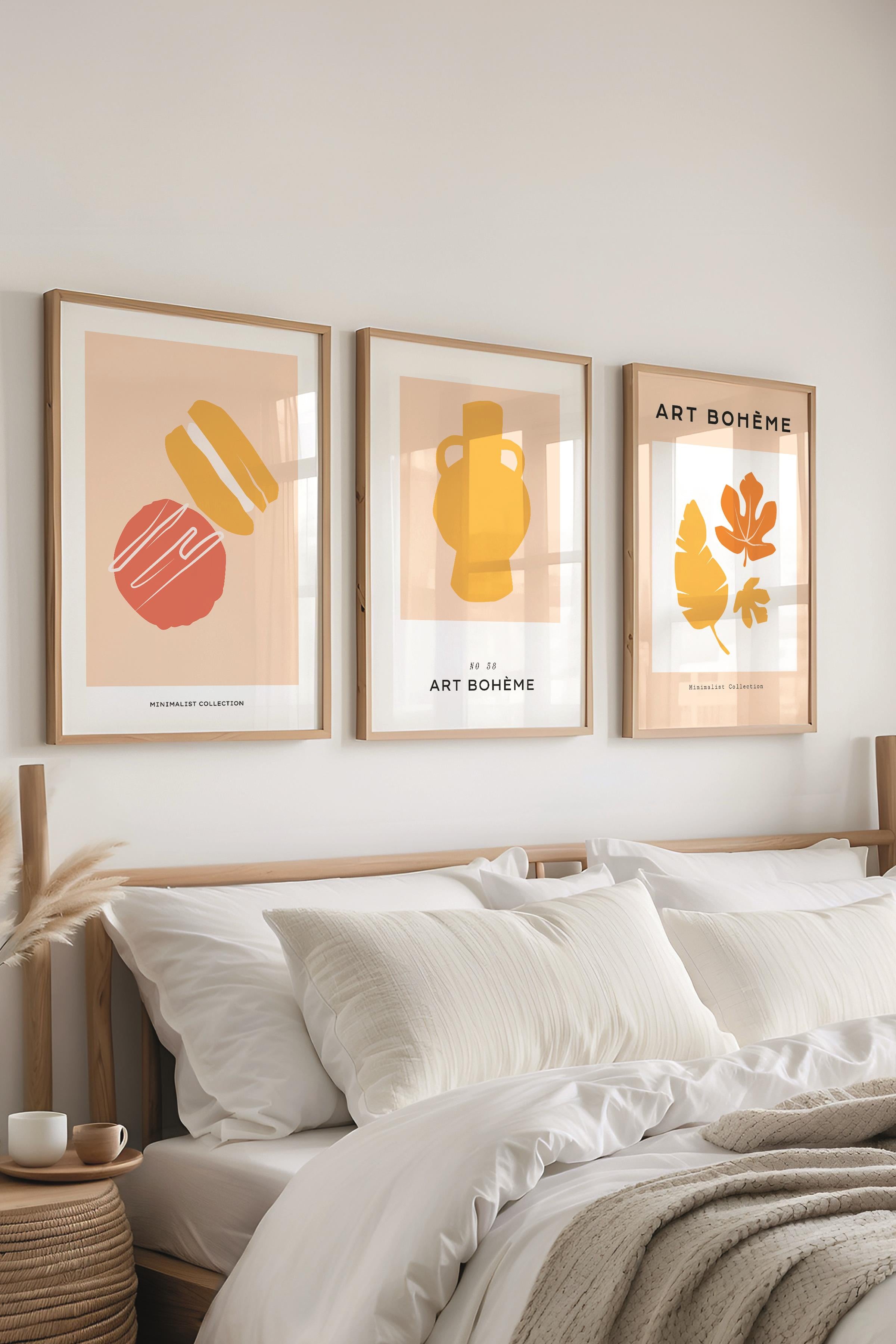 Çerçeveli Tablo Seti, 3 Adet Ahşap Çerçeve ve Bej Minimalist Temalı Poster Seti, No:300457