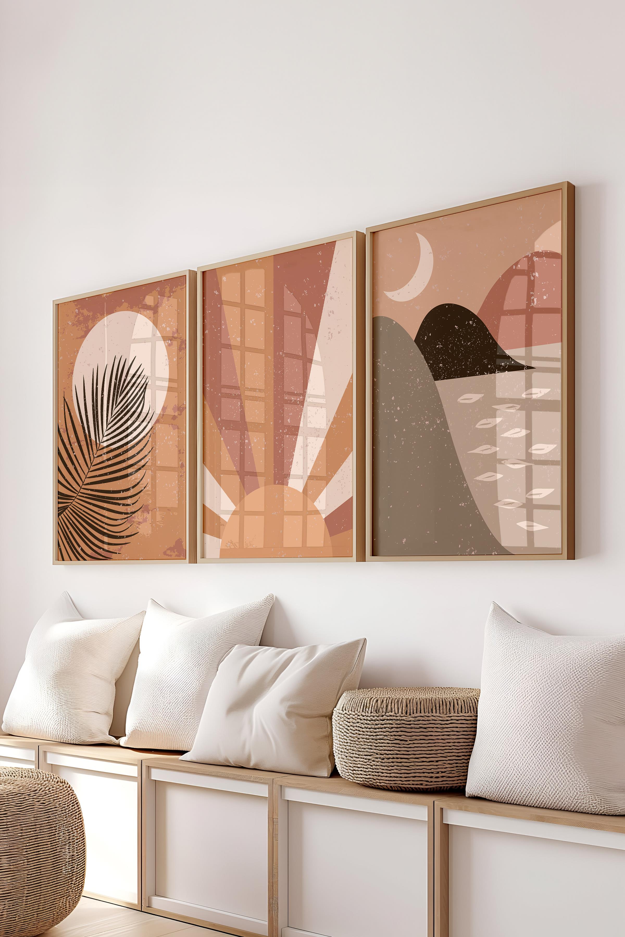 Çerçeveli Tablo Seti, 3 Adet Ahşap Çerçeve ve Boho Temalı Poster Seti, Duvar Tablosu No:300635