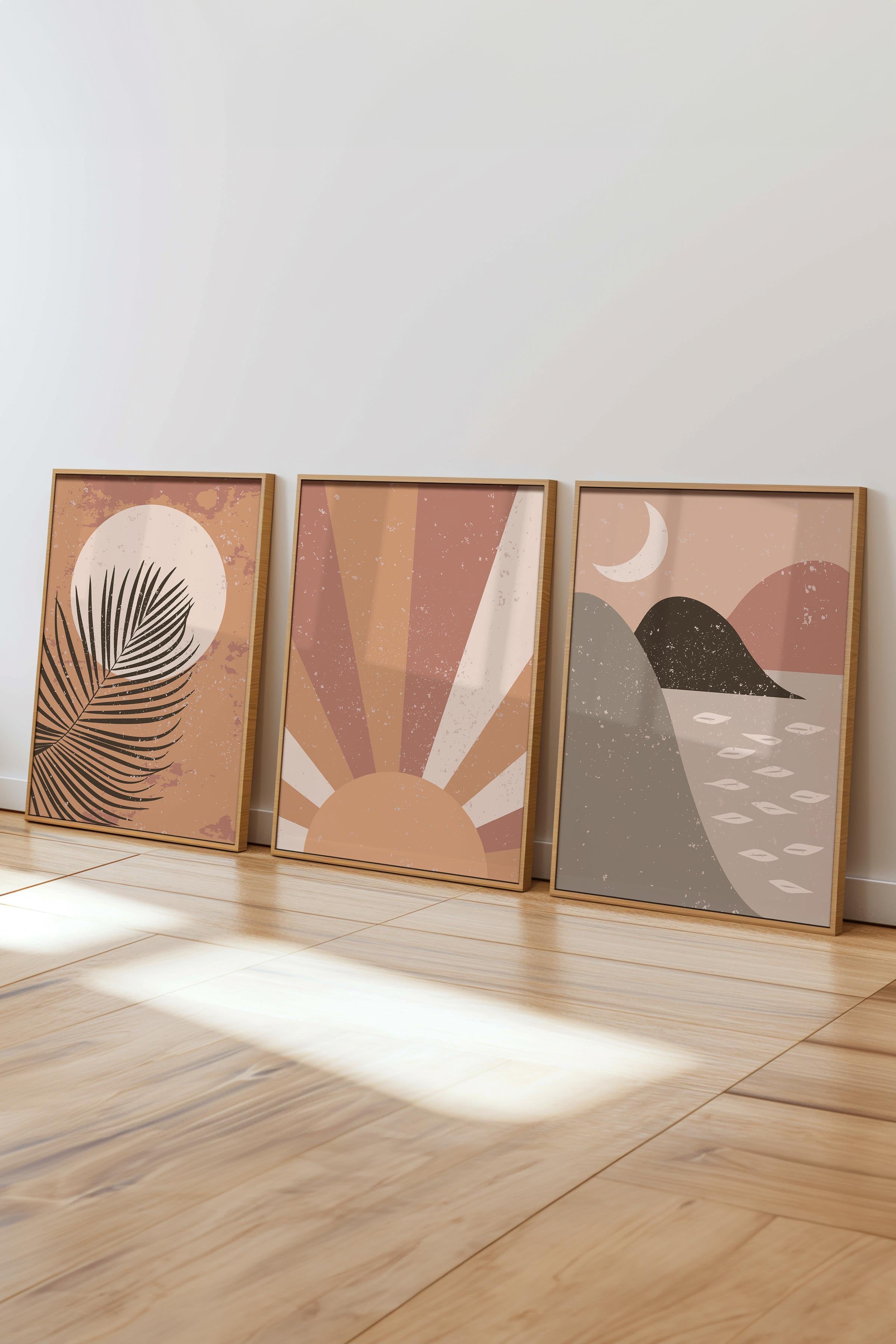 Çerçeveli Tablo Seti, 3 Adet Ahşap Çerçeve ve Boho Temalı Poster Seti, Duvar Tablosu No:300635