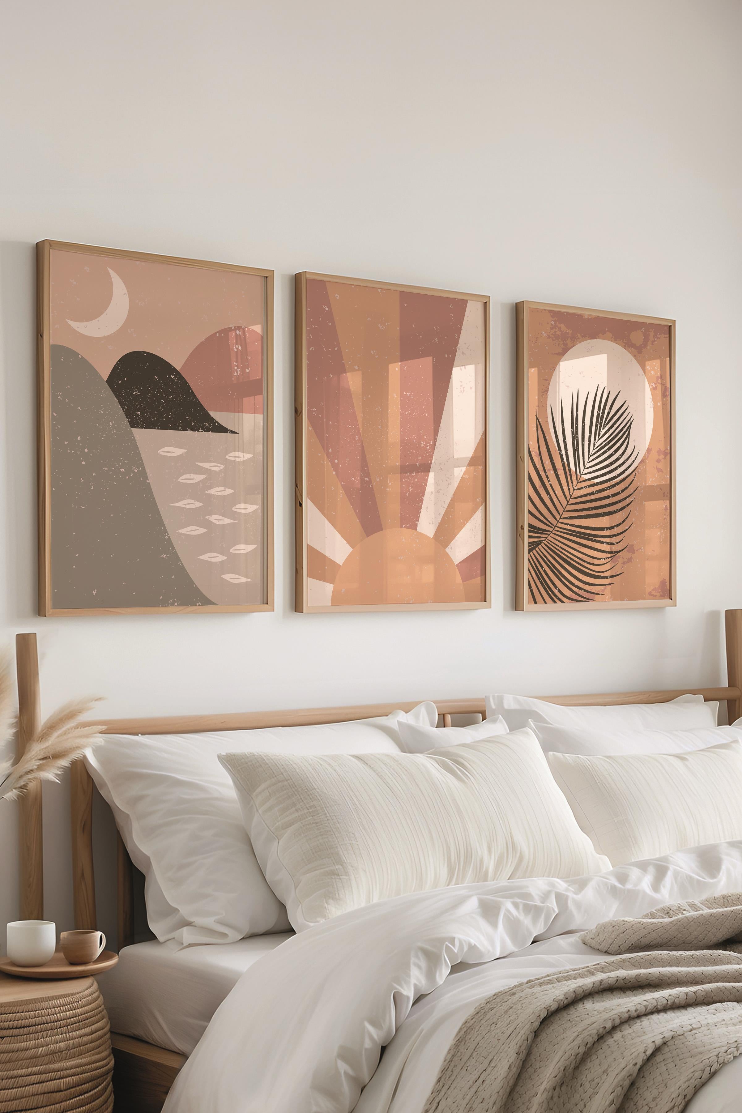 Çerçeveli Tablo Seti, 3 Adet Ahşap Çerçeve ve Boho Temalı Poster Seti, Duvar Tablosu No:300635