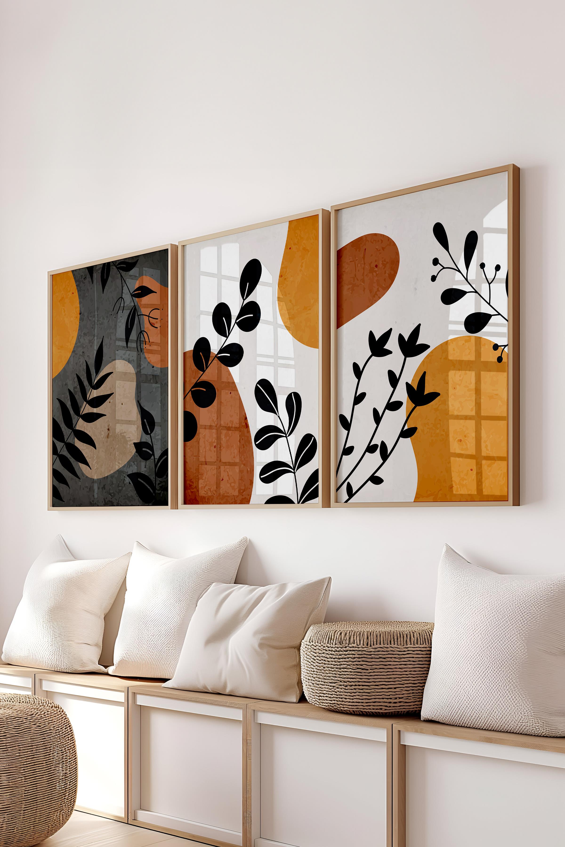 Çerçeveli Tablo Seti, 3 Adet Ahşap Çerçeve ve Boho Temalı Poster Seti, Duvar Tablosu No:300636