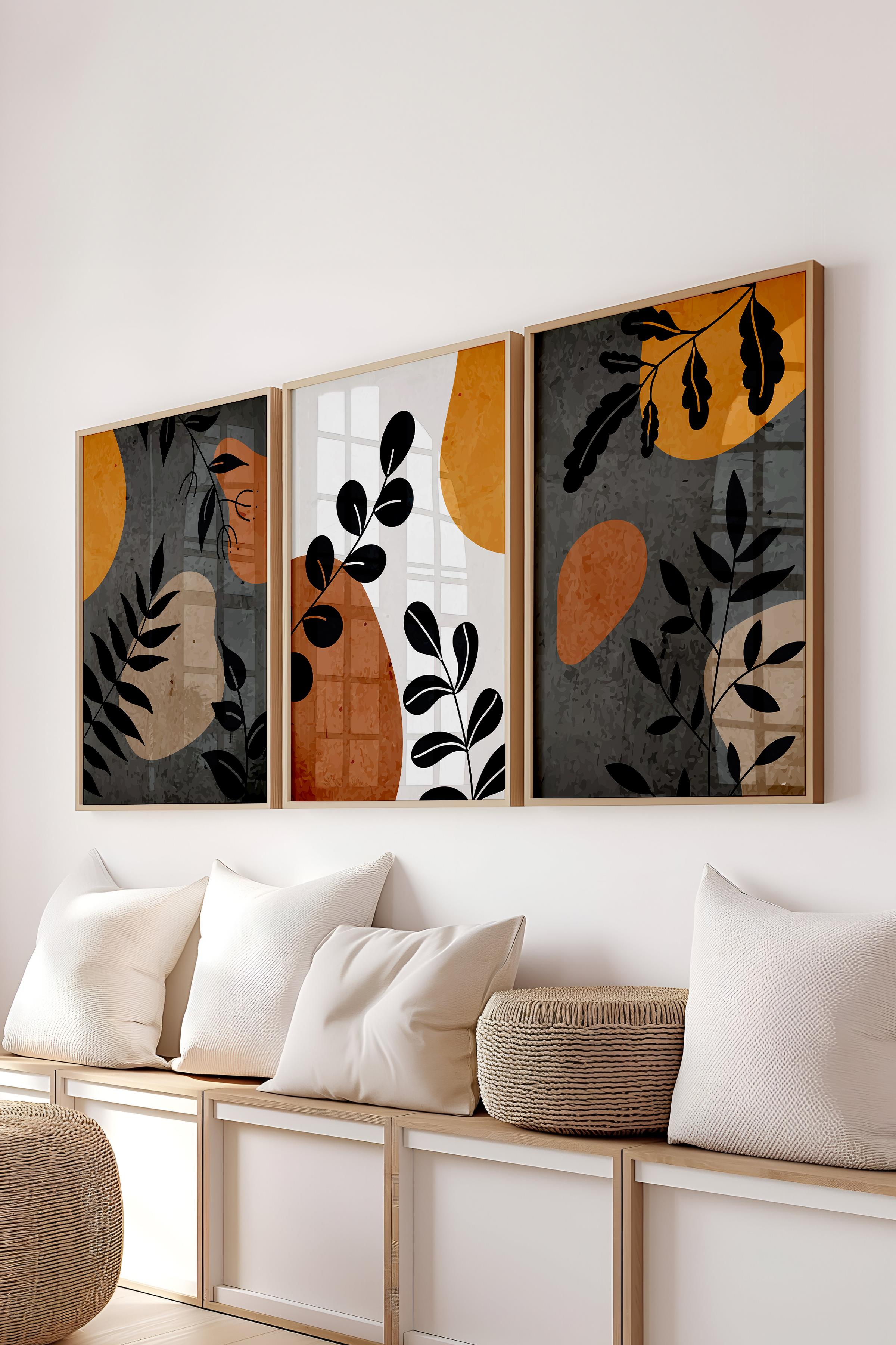 Çerçeveli Tablo Seti, 3 Adet Ahşap Çerçeve ve Boho Temalı Poster Seti, Duvar Tablosu No:300637