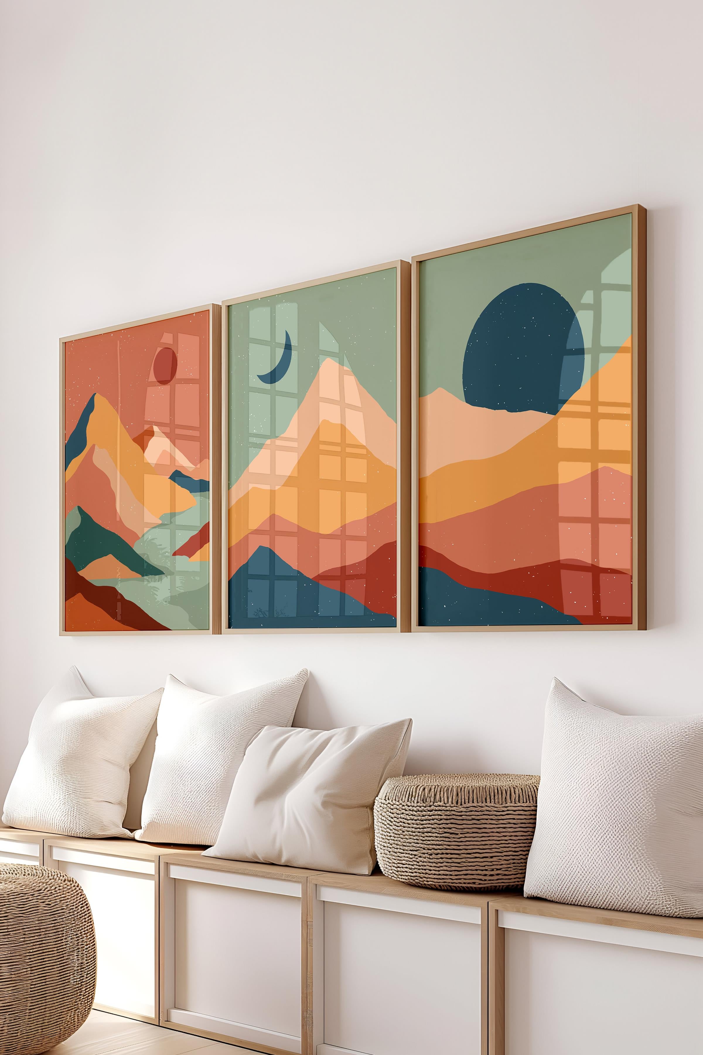 Çerçeveli Tablo Seti, 3 Adet Ahşap Çerçeve ve Boho Temalı Poster Seti, Duvar Tablosu No:300638