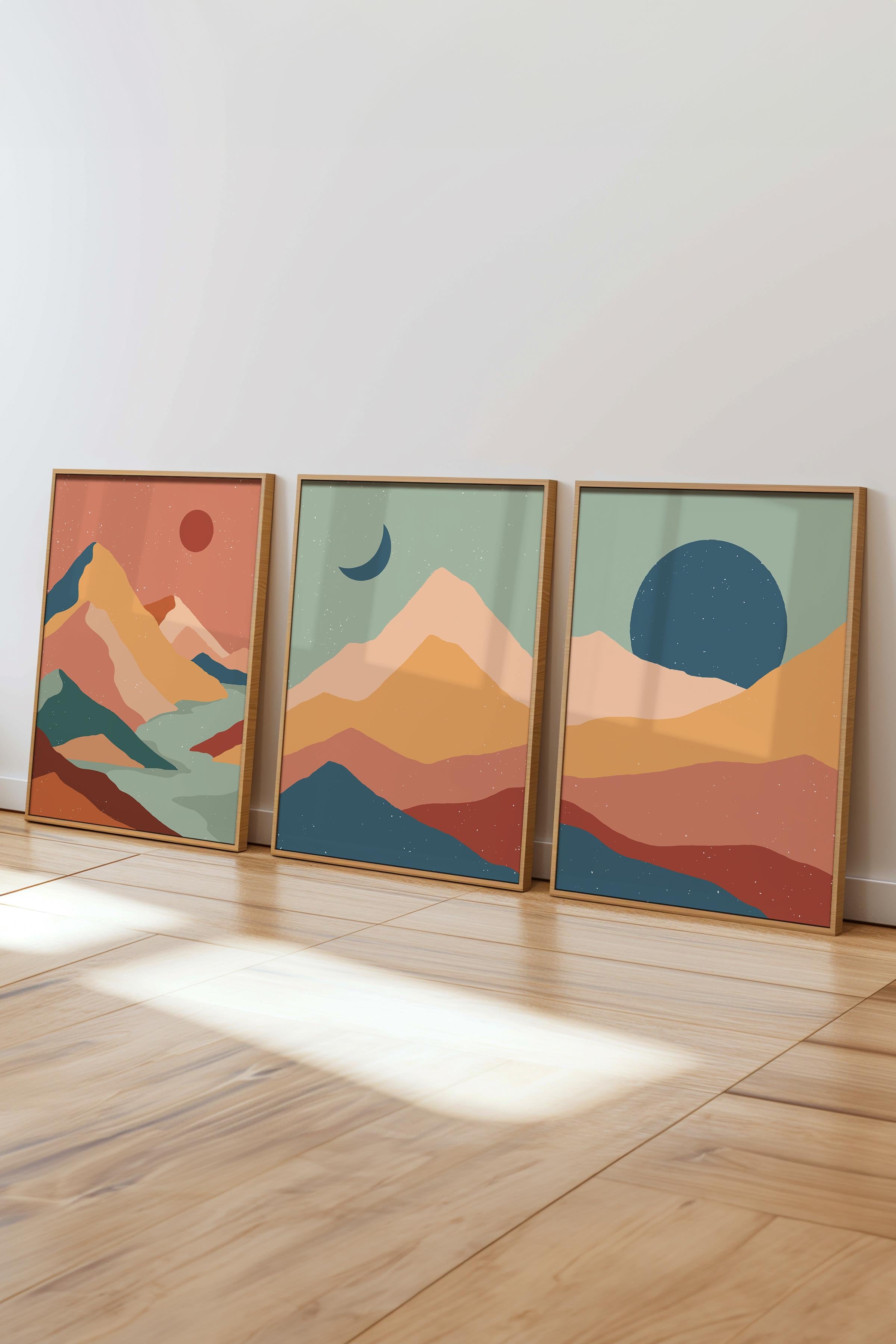 Çerçeveli Tablo Seti, 3 Adet Ahşap Çerçeve ve Boho Temalı Poster Seti, Duvar Tablosu No:300638