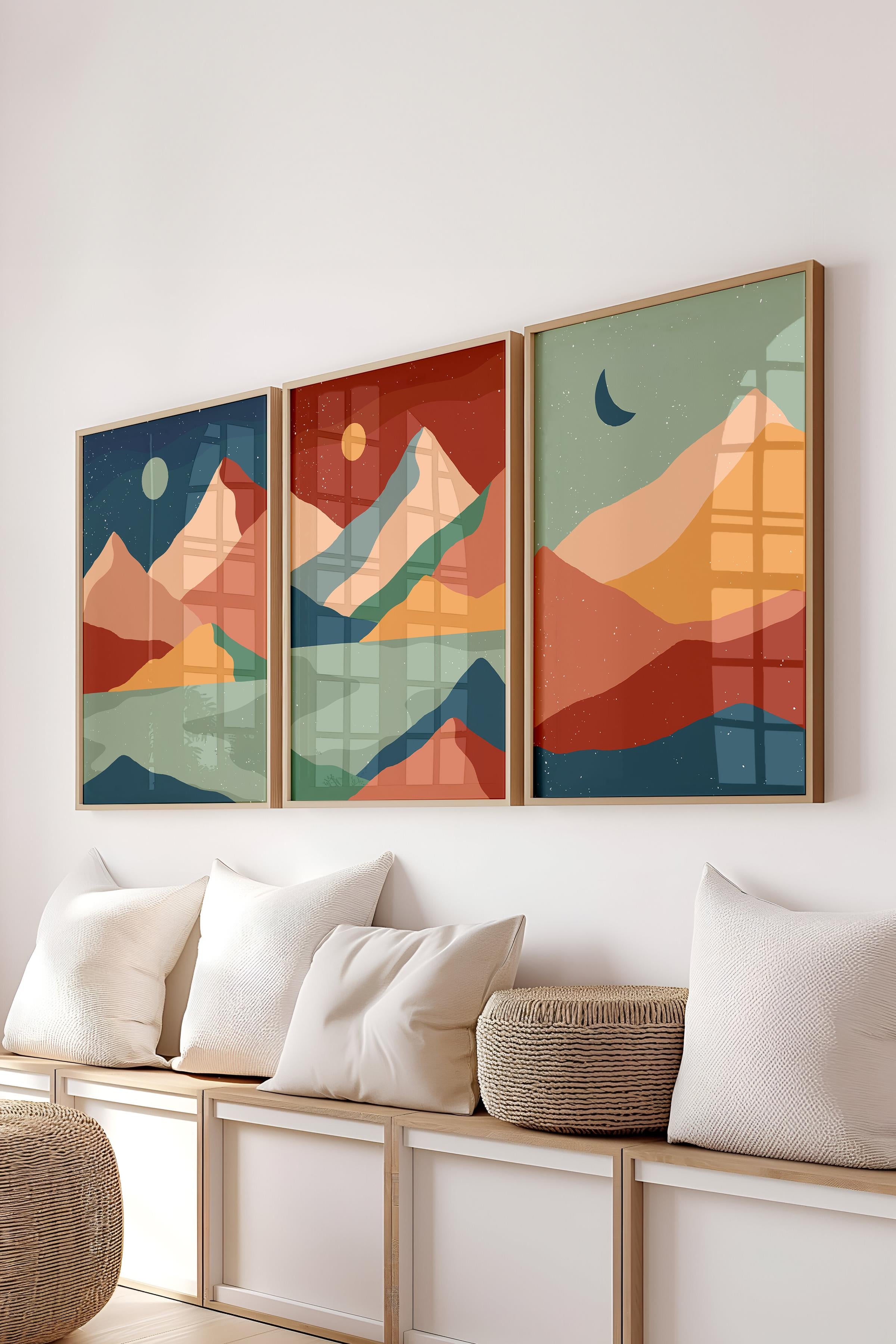Çerçeveli Tablo Seti, 3 Adet Ahşap Çerçeve ve Boho Temalı Poster Seti, Duvar Tablosu No:300639
