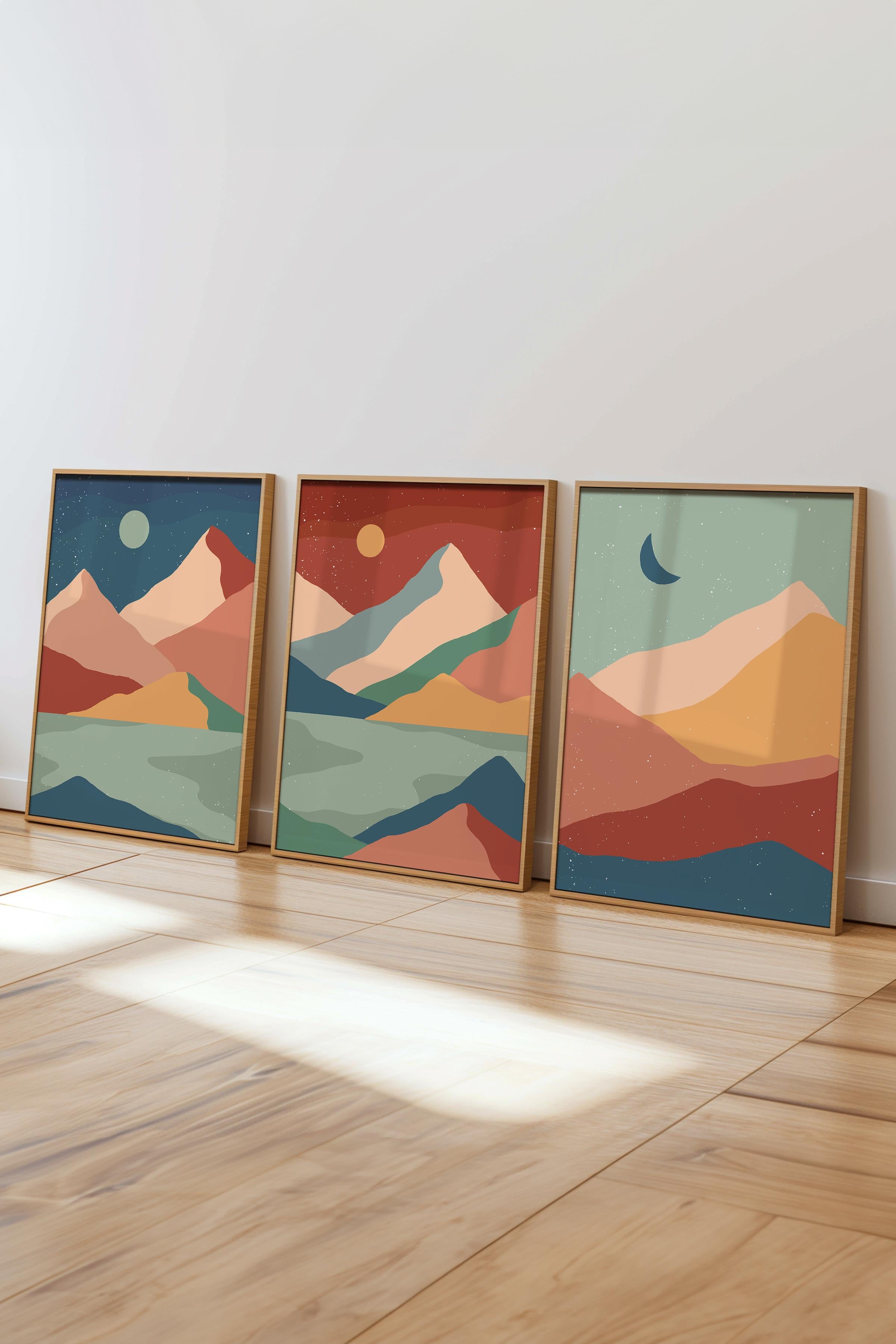 Çerçeveli Tablo Seti, 3 Adet Ahşap Çerçeve ve Boho Temalı Poster Seti, Duvar Tablosu No:300639