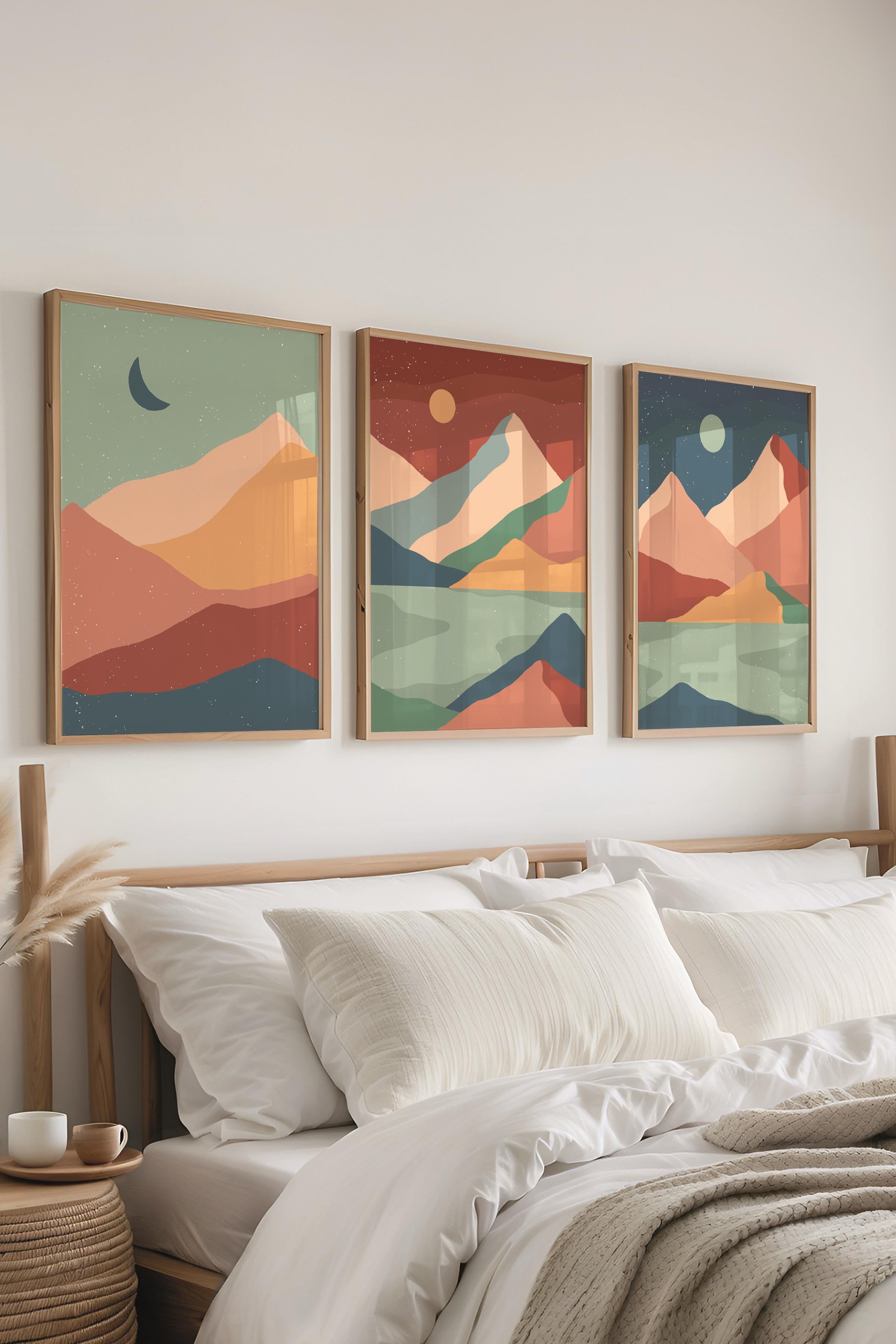 Çerçeveli Tablo Seti, 3 Adet Ahşap Çerçeve ve Boho Temalı Poster Seti, Duvar Tablosu No:300639