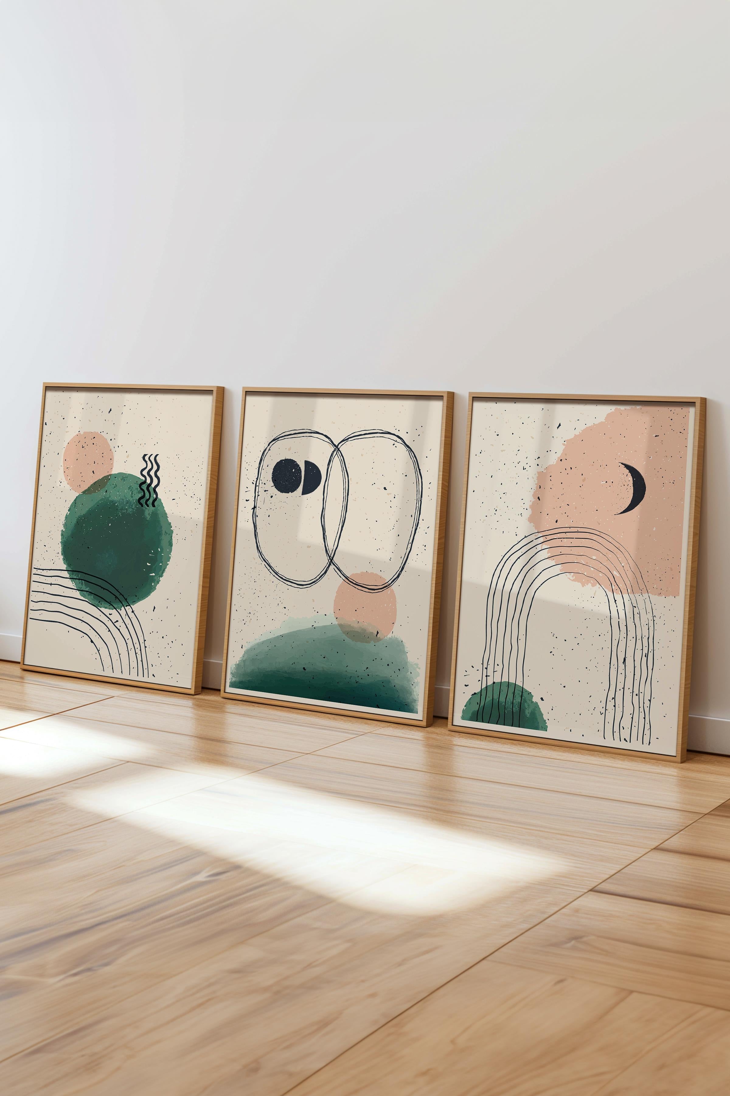 Çerçeveli Tablo Seti, 3 Adet Ahşap Çerçeve ve Geometrik Boho Temalı Poster Seti, No:300671