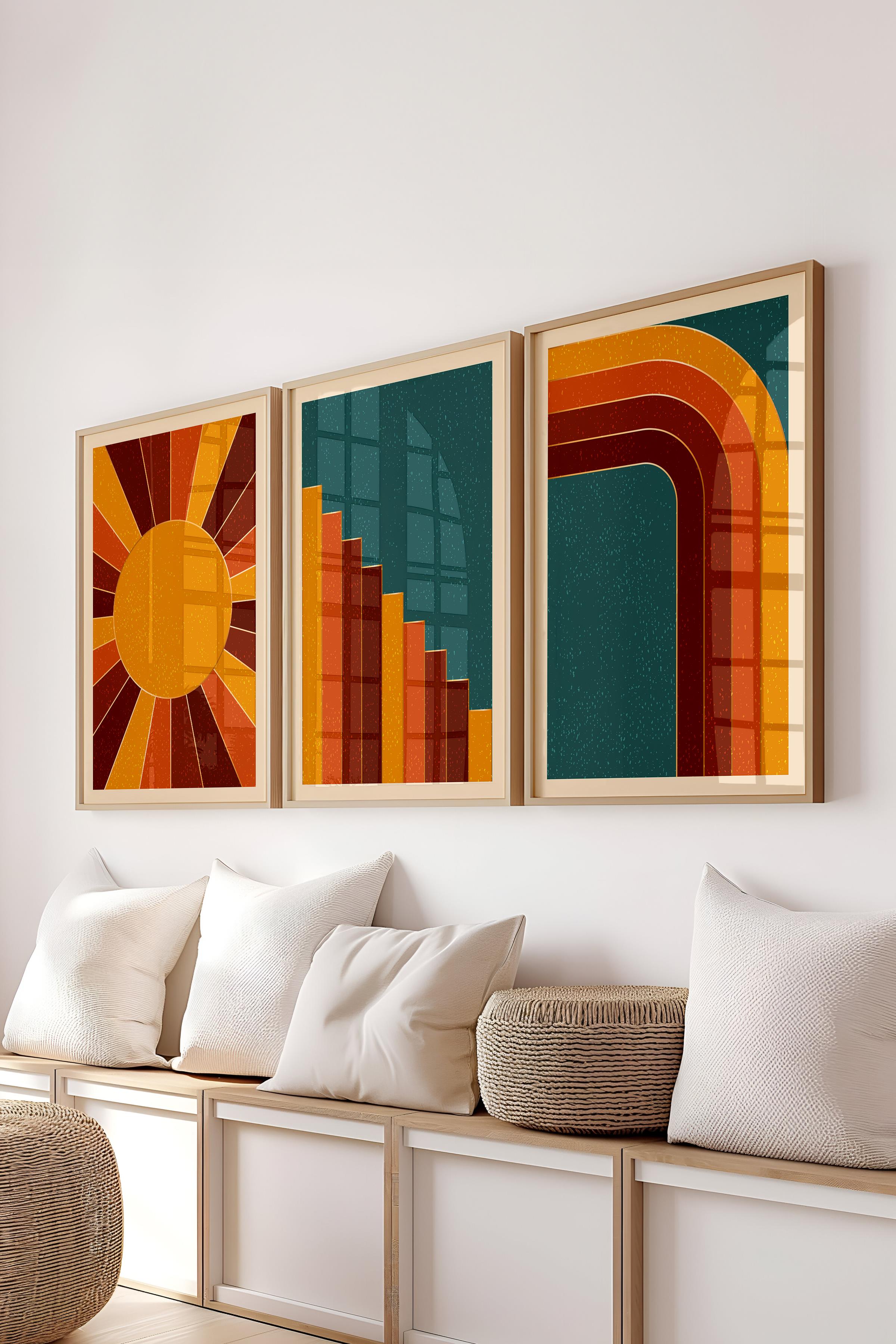 Çerçeveli Tablo Seti, 3 Adet Ahşap Çerçeve ve Geometrik Temalı Poster Seti, Duvar Tablosu No:300642