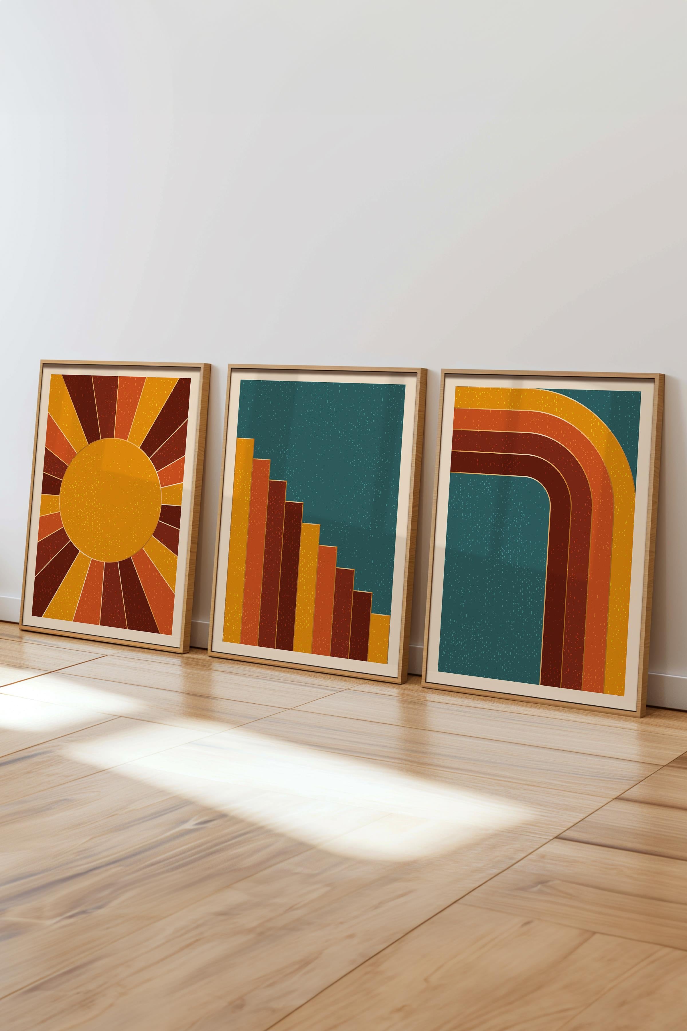 Çerçeveli Tablo Seti, 3 Adet Ahşap Çerçeve ve Geometrik Temalı Poster Seti, Duvar Tablosu No:300642