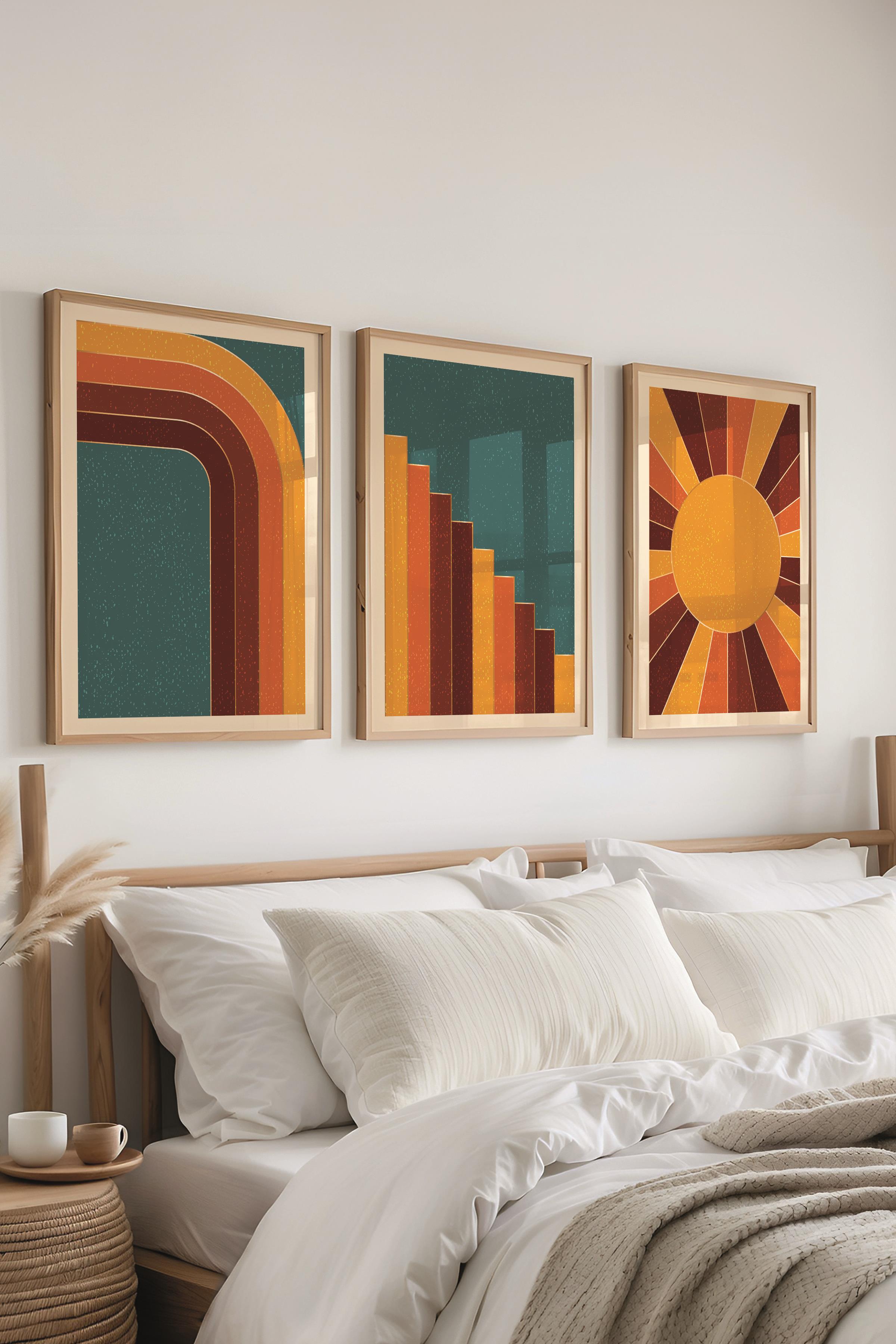 Çerçeveli Tablo Seti, 3 Adet Ahşap Çerçeve ve Geometrik Temalı Poster Seti, Duvar Tablosu No:300642