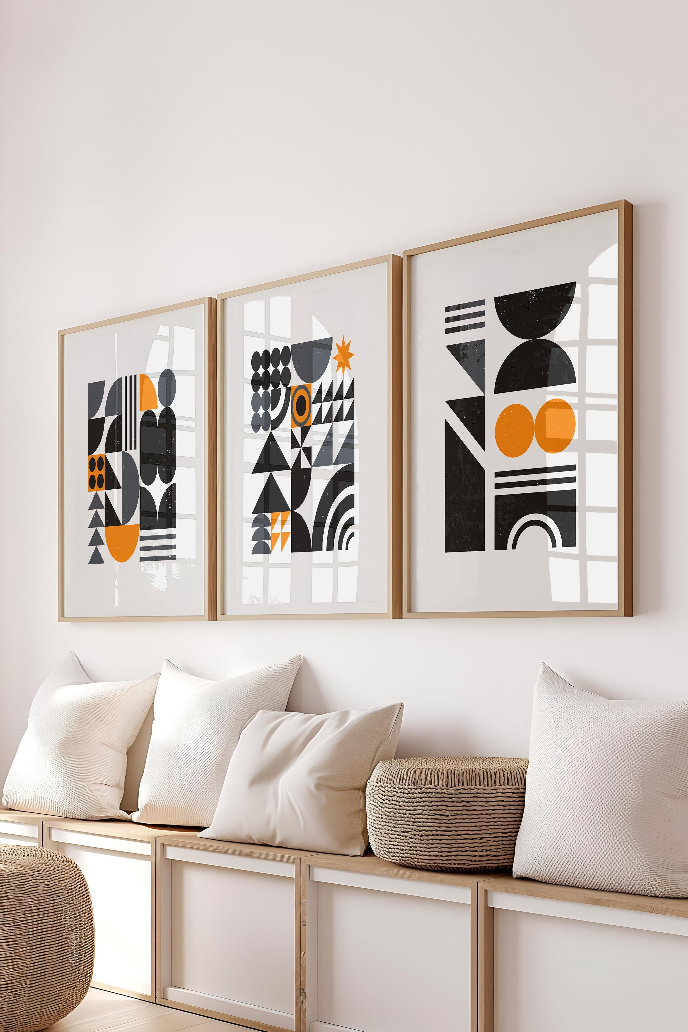 Çerçeveli Tablo Seti, 3 Adet Ahşap Çerçeve ve Geometrik Temalı Poster Seti, Duvar Tablosu No:300643