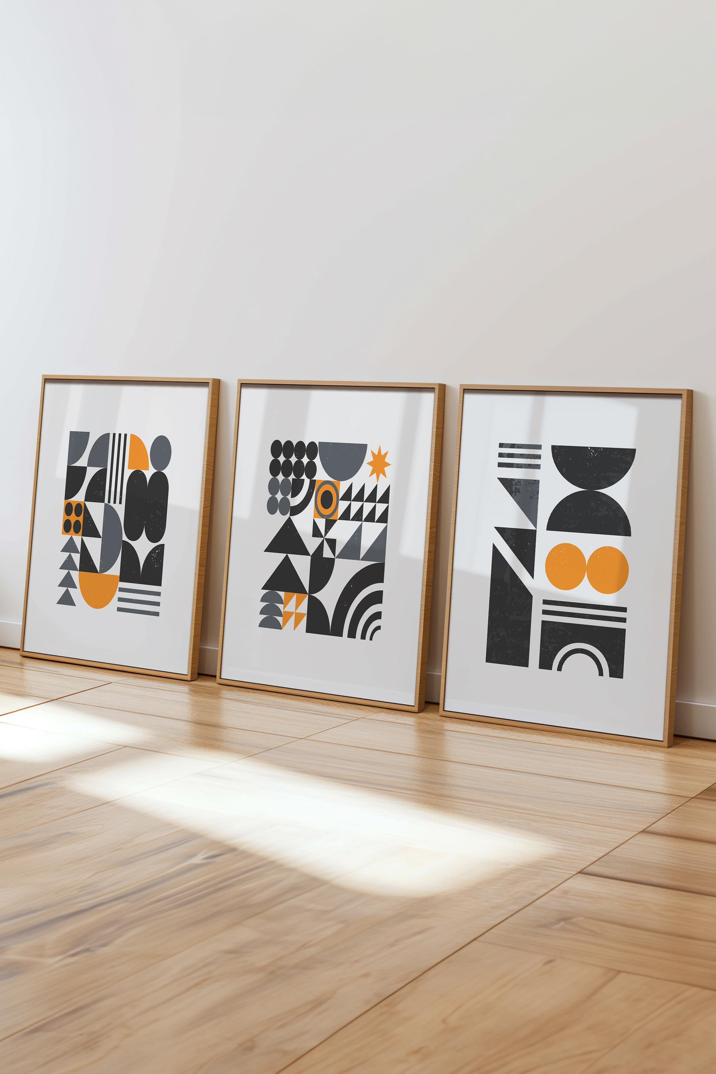 Çerçeveli Tablo Seti, 3 Adet Ahşap Çerçeve ve Geometrik Temalı Poster Seti, Duvar Tablosu No:300643