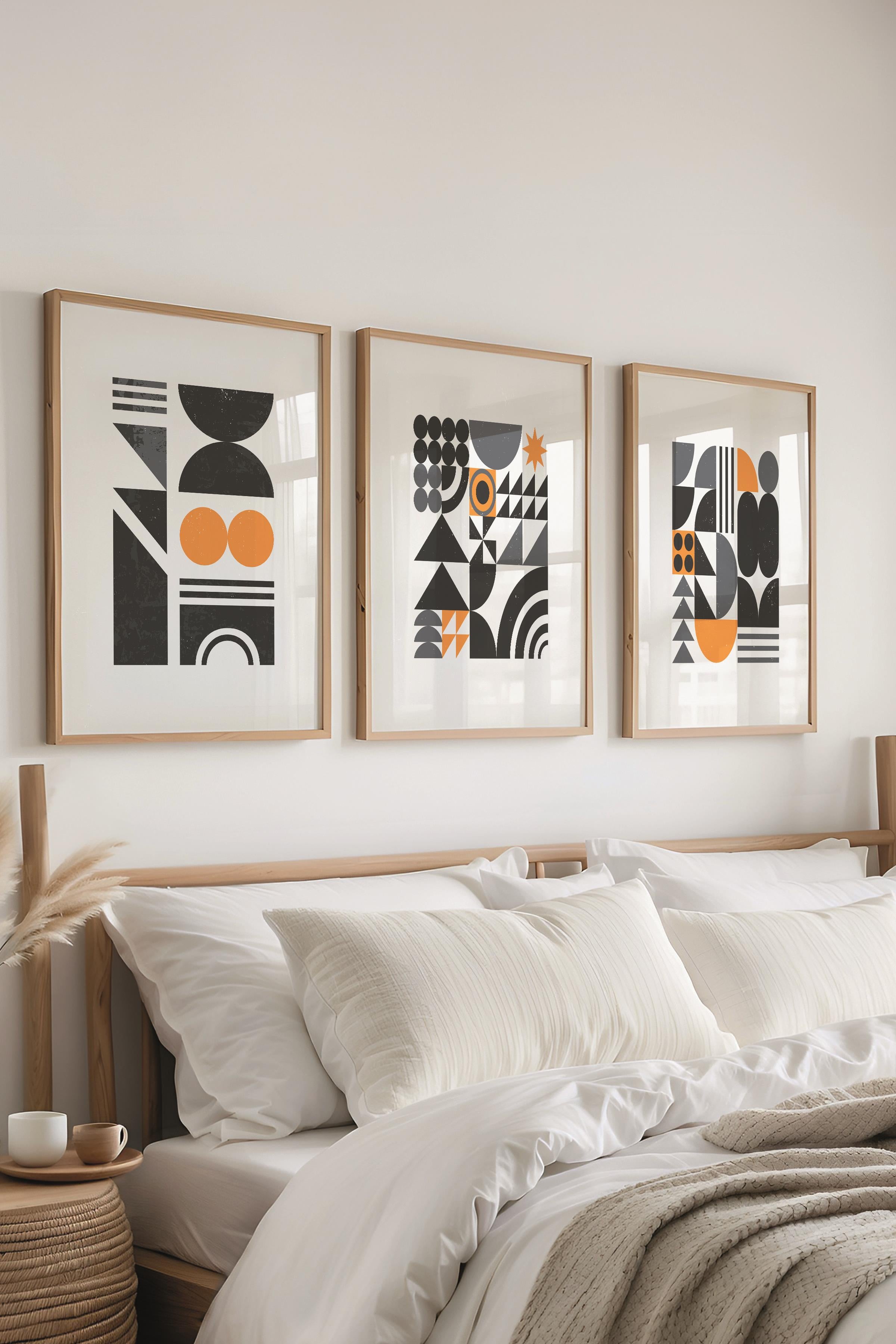 Çerçeveli Tablo Seti, 3 Adet Ahşap Çerçeve ve Geometrik Temalı Poster Seti, Duvar Tablosu No:300643