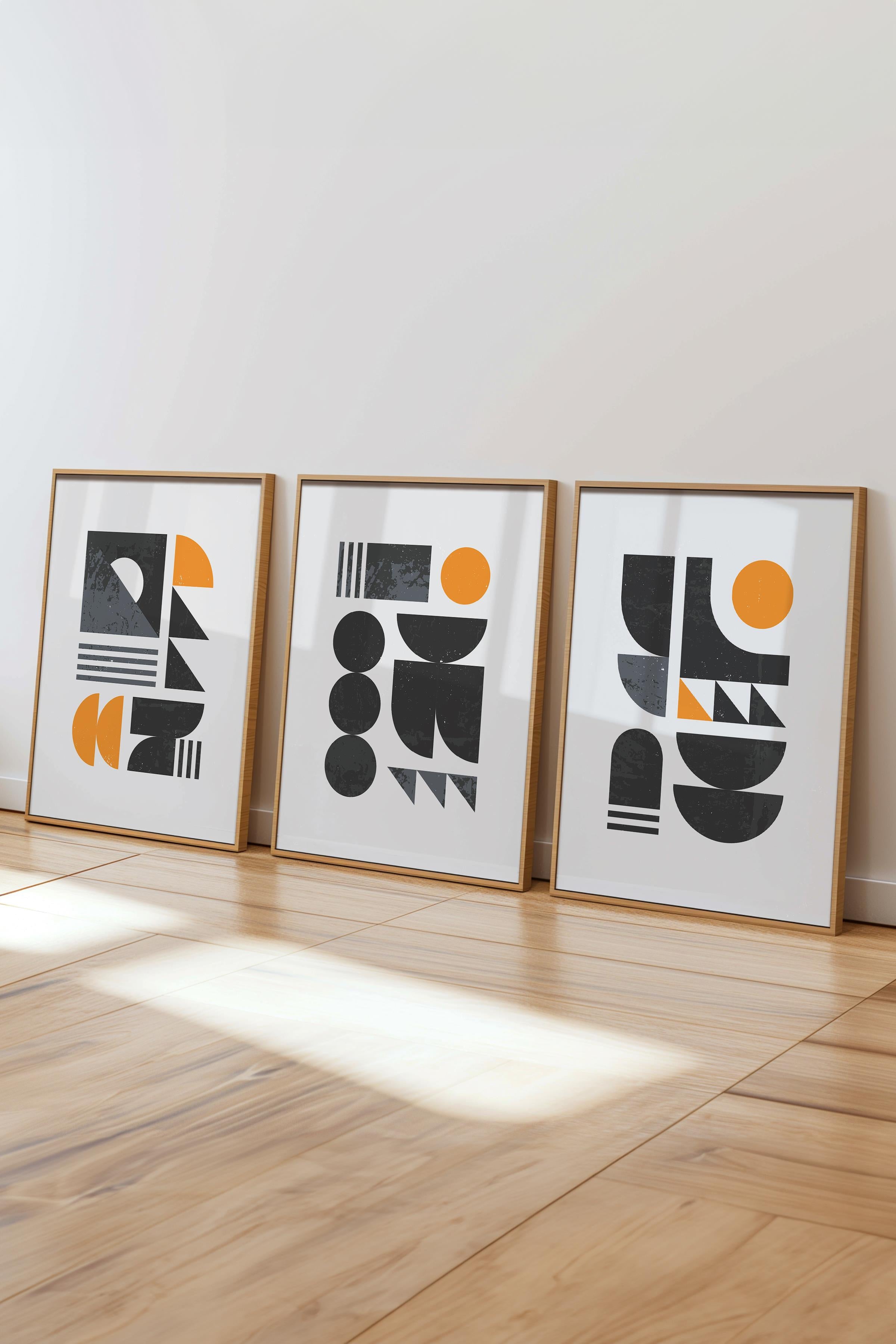 Çerçeveli Tablo Seti, 3 Adet Ahşap Çerçeve ve Geometrik Temalı Poster Seti, Duvar Tablosu No:300644