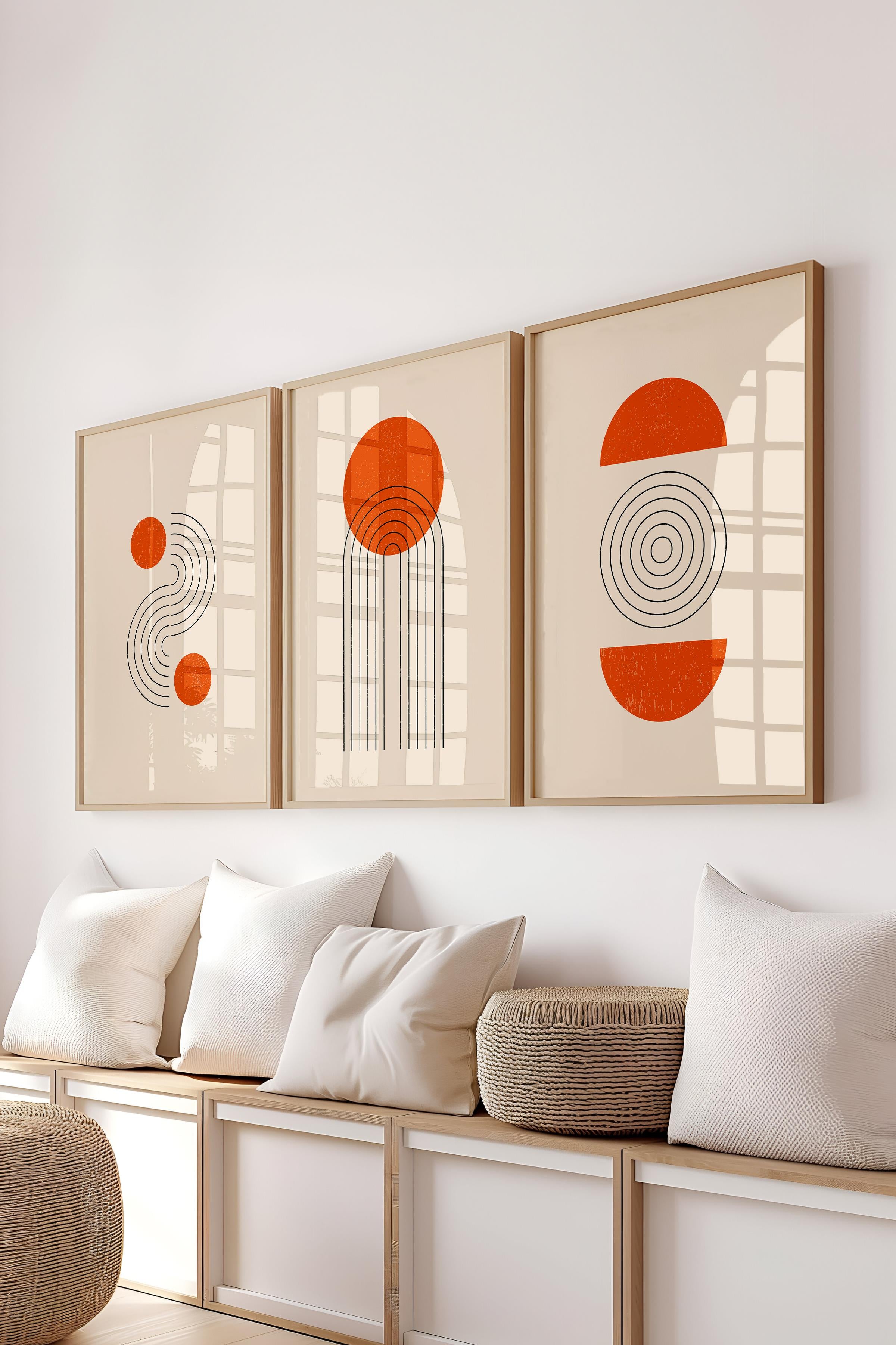 Çerçeveli Tablo Seti, 3 Adet Ahşap Çerçeve ve Geometrik Temalı Poster Seti, Duvar Tablosu No:300645