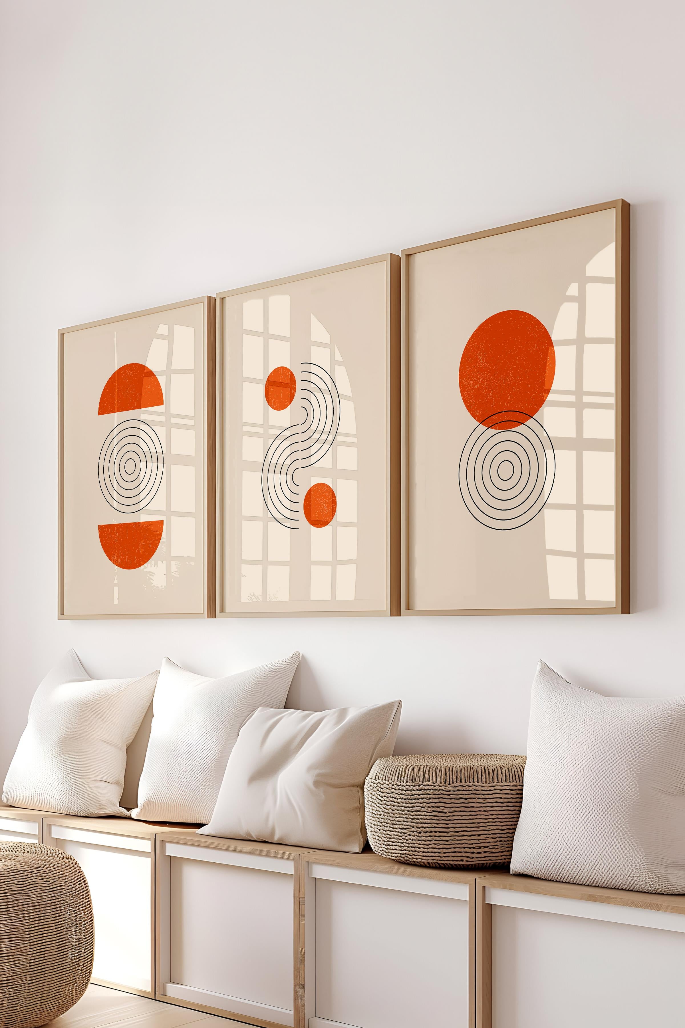 Çerçeveli Tablo Seti, 3 Adet Ahşap Çerçeve ve Geometrik Temalı Poster Seti, Duvar Tablosu No:300647