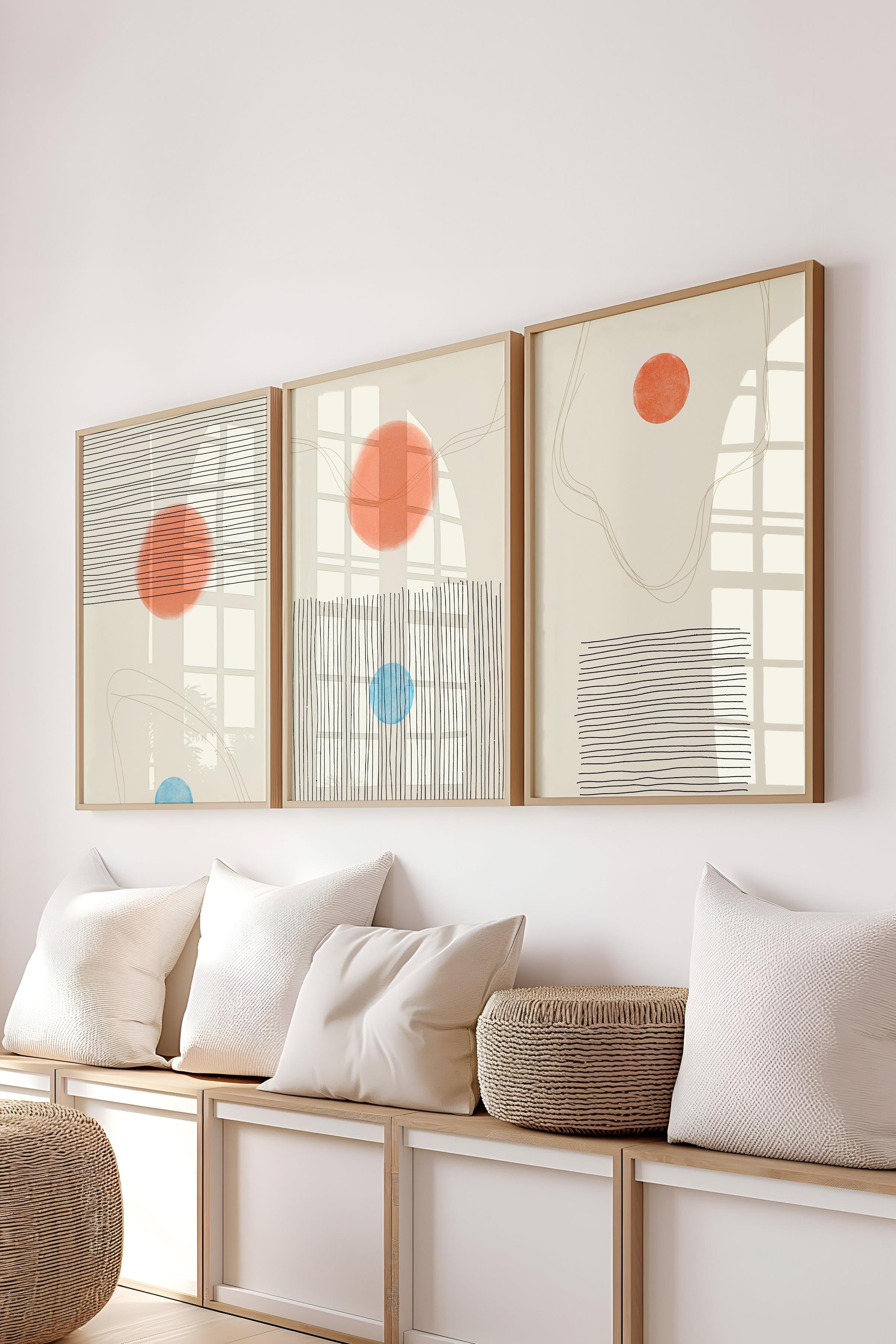 Çerçeveli Tablo Seti, 3 Adet Ahşap Çerçeve ve Geometrik Temalı Poster Seti, Duvar Tablosu No:300648