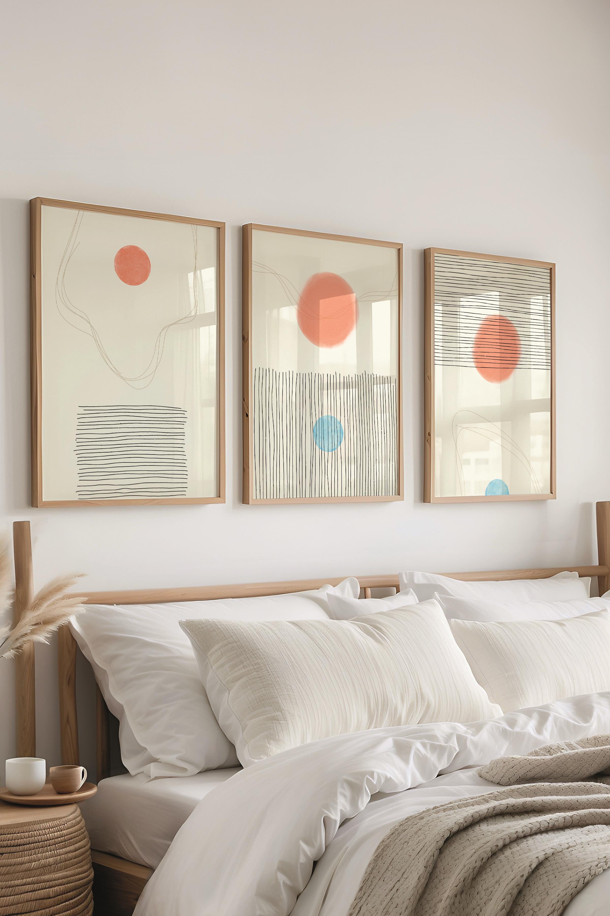 Çerçeveli Tablo Seti, 3 Adet Ahşap Çerçeve ve Geometrik Temalı Poster Seti, Duvar Tablosu No:300648