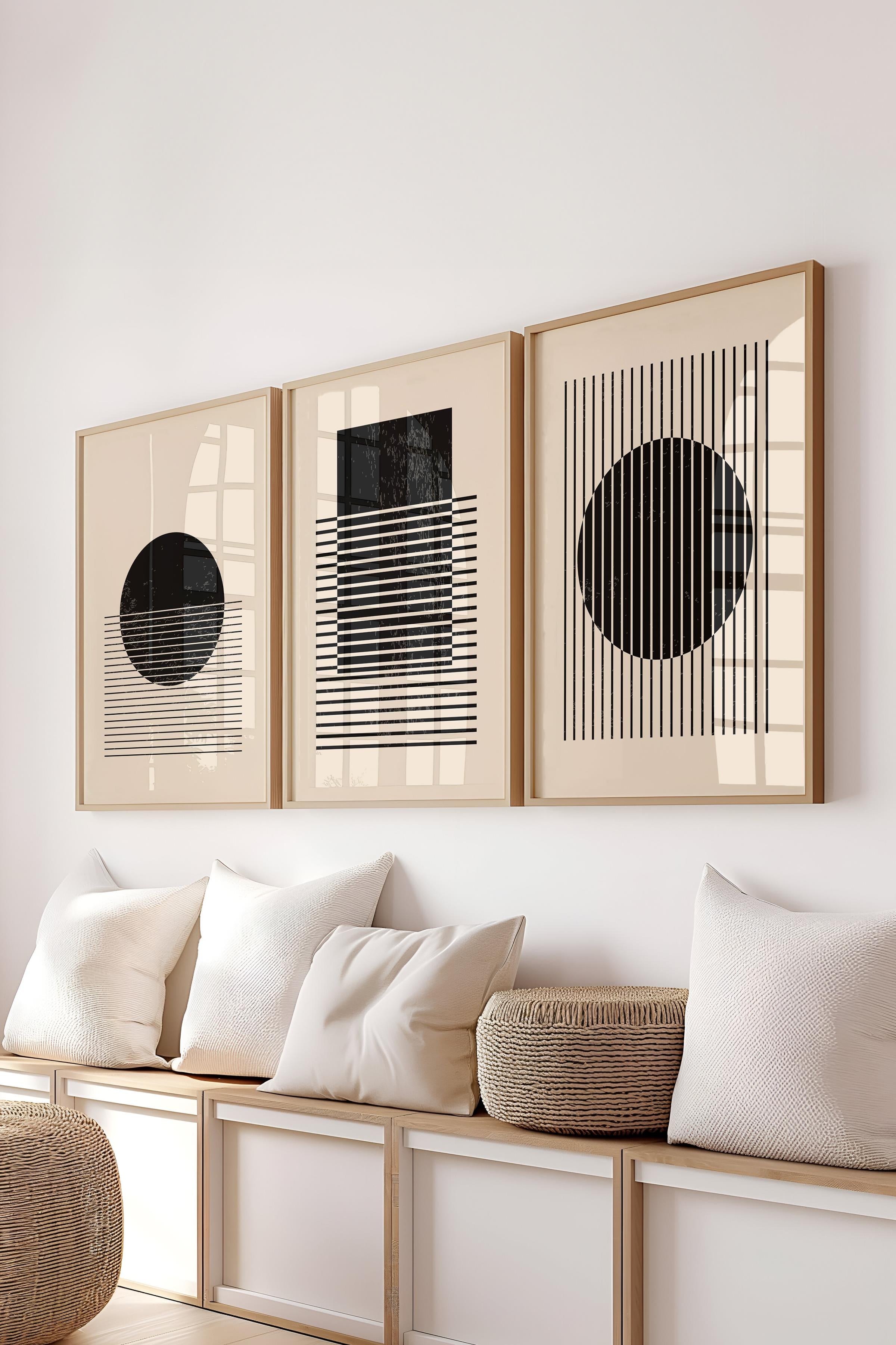Çerçeveli Tablo Seti, 3 Adet Ahşap Çerçeve ve Geometrik Temalı Poster Seti, Duvar Tablosu No:300649