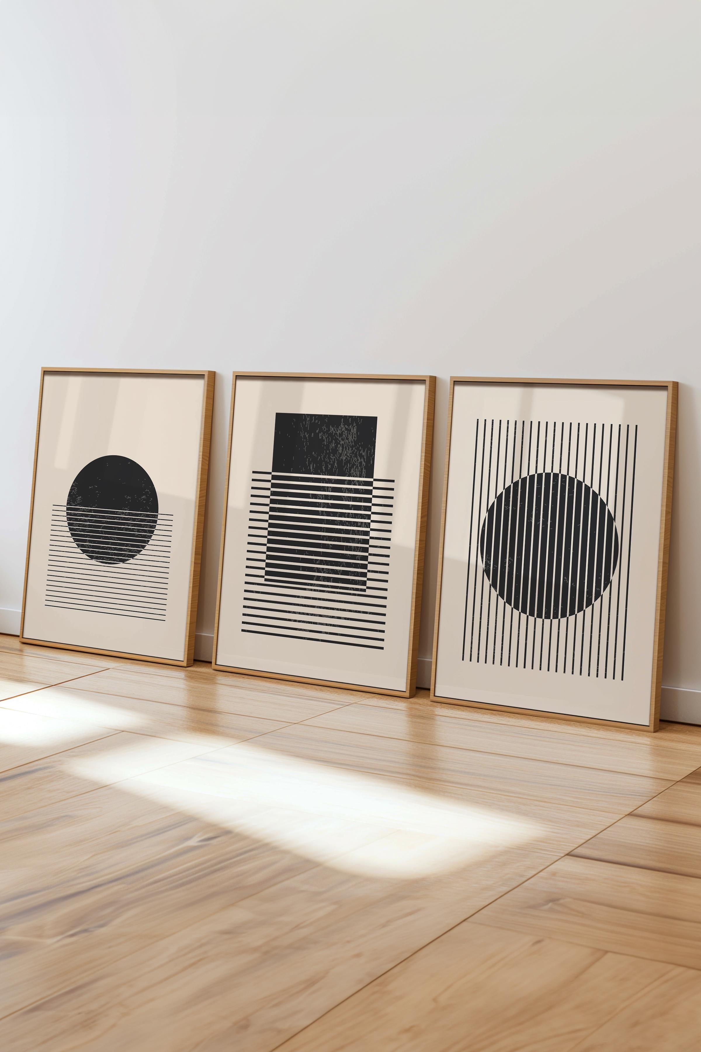 Çerçeveli Tablo Seti, 3 Adet Ahşap Çerçeve ve Geometrik Temalı Poster Seti, Duvar Tablosu No:300649