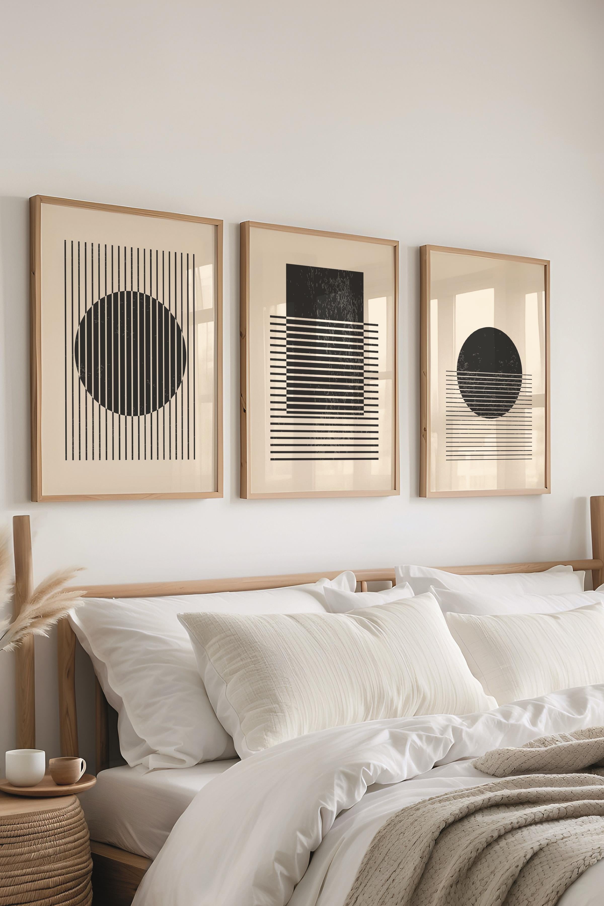 Çerçeveli Tablo Seti, 3 Adet Ahşap Çerçeve ve Geometrik Temalı Poster Seti, Duvar Tablosu No:300649