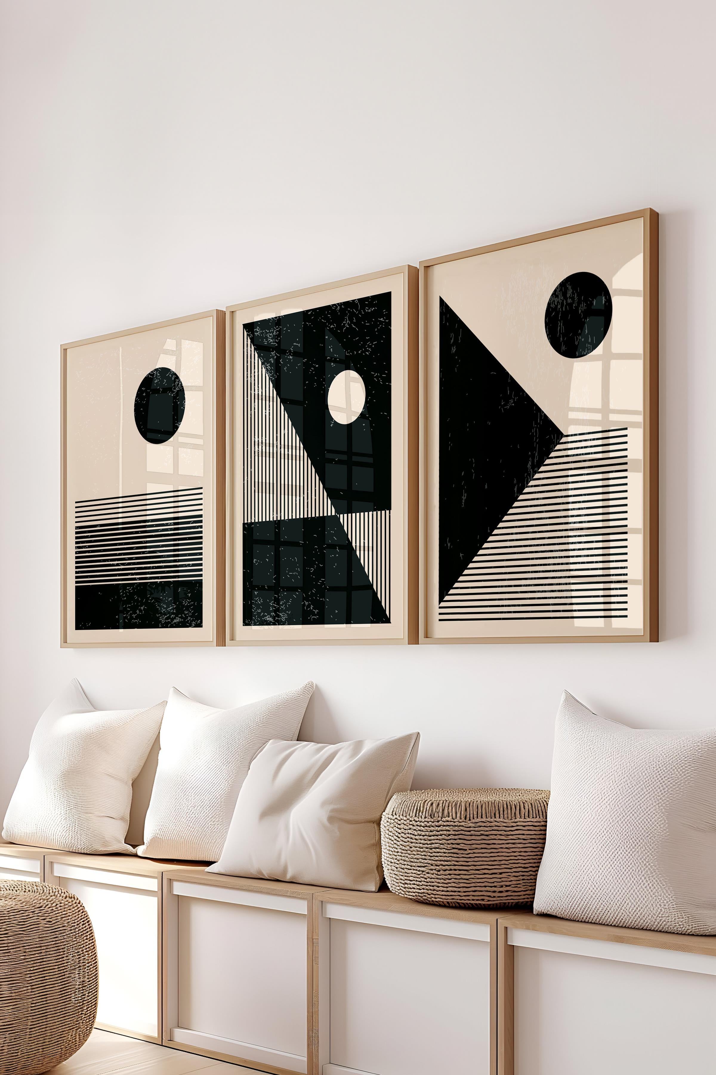 Çerçeveli Tablo Seti, 3 Adet Ahşap Çerçeve ve Geometrik Temalı Poster Seti, Duvar Tablosu No:300650