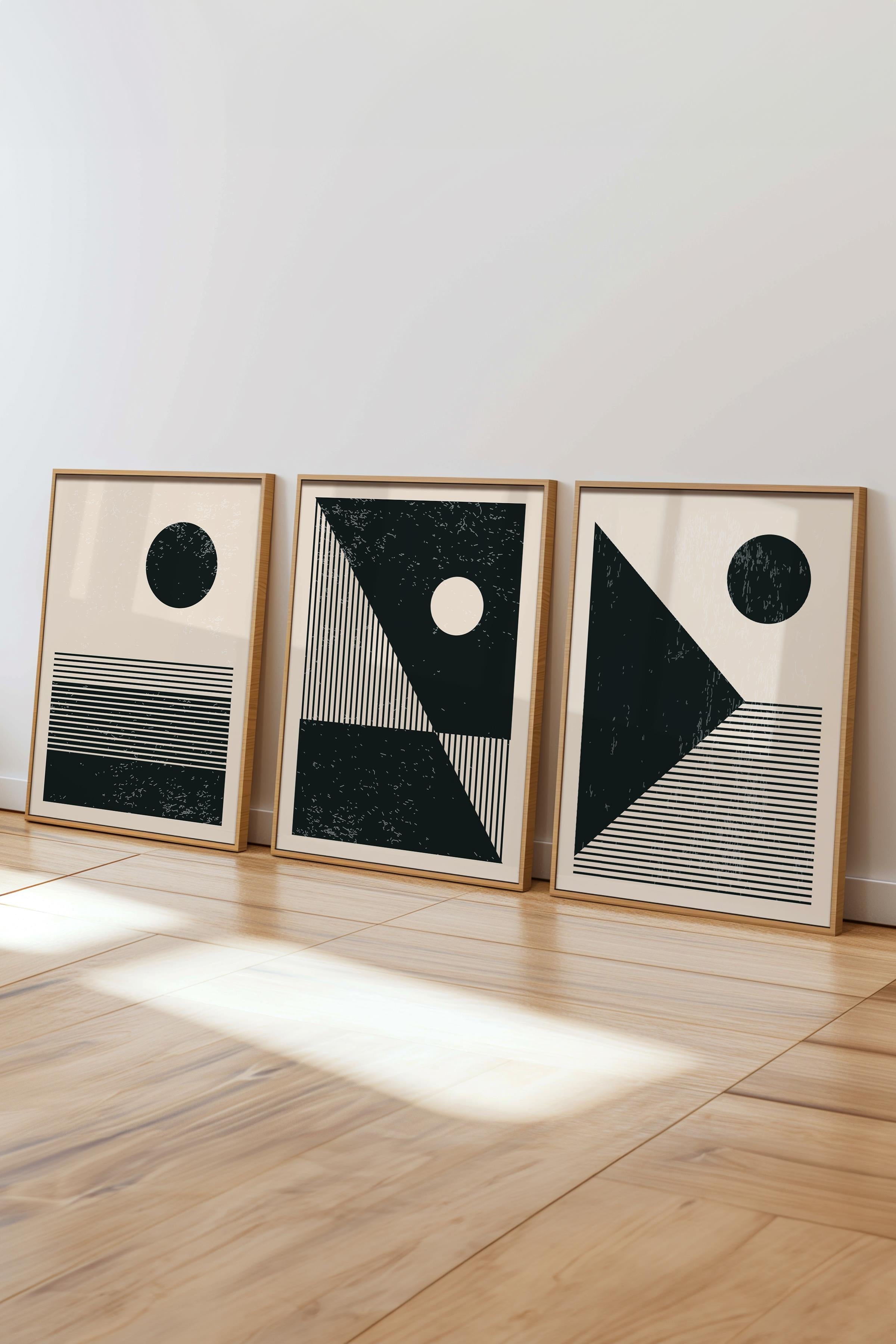Çerçeveli Tablo Seti, 3 Adet Ahşap Çerçeve ve Geometrik Temalı Poster Seti, Duvar Tablosu No:300650