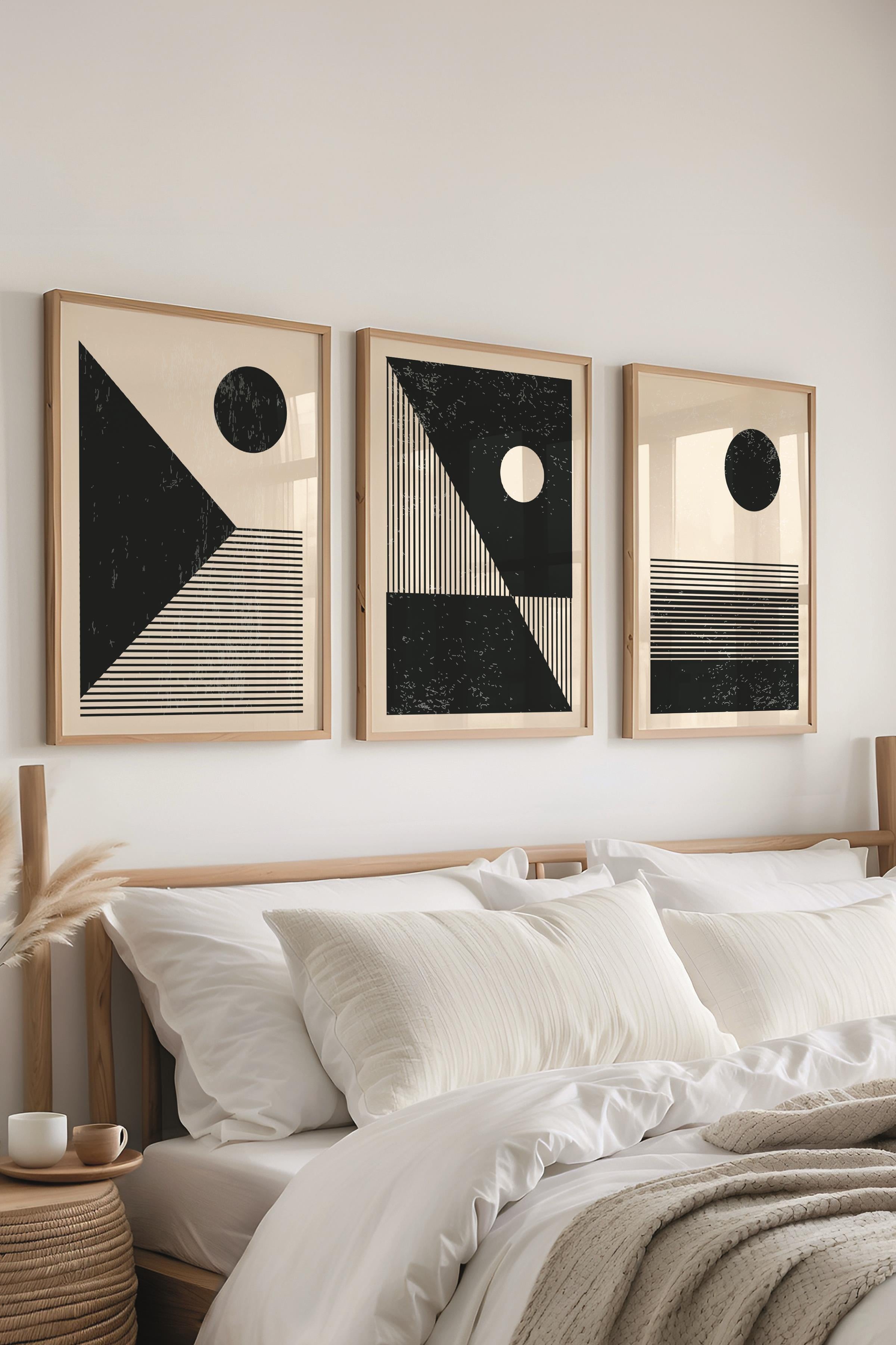 Çerçeveli Tablo Seti, 3 Adet Ahşap Çerçeve ve Geometrik Temalı Poster Seti, Duvar Tablosu No:300650