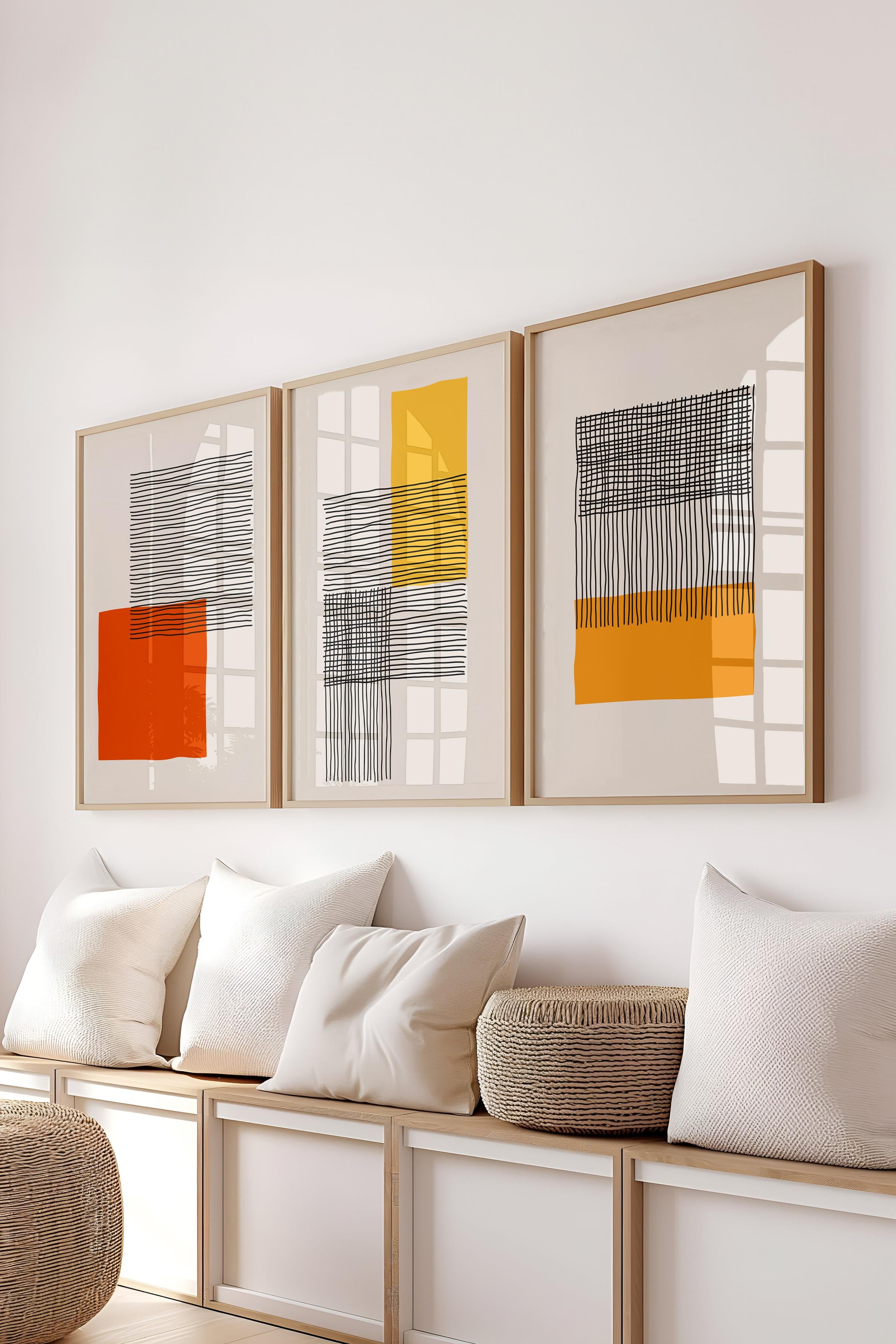 Çerçeveli Tablo Seti, 3 Adet Ahşap Çerçeve ve Geometrik Temalı Poster Seti, Duvar Tablosu No:300651