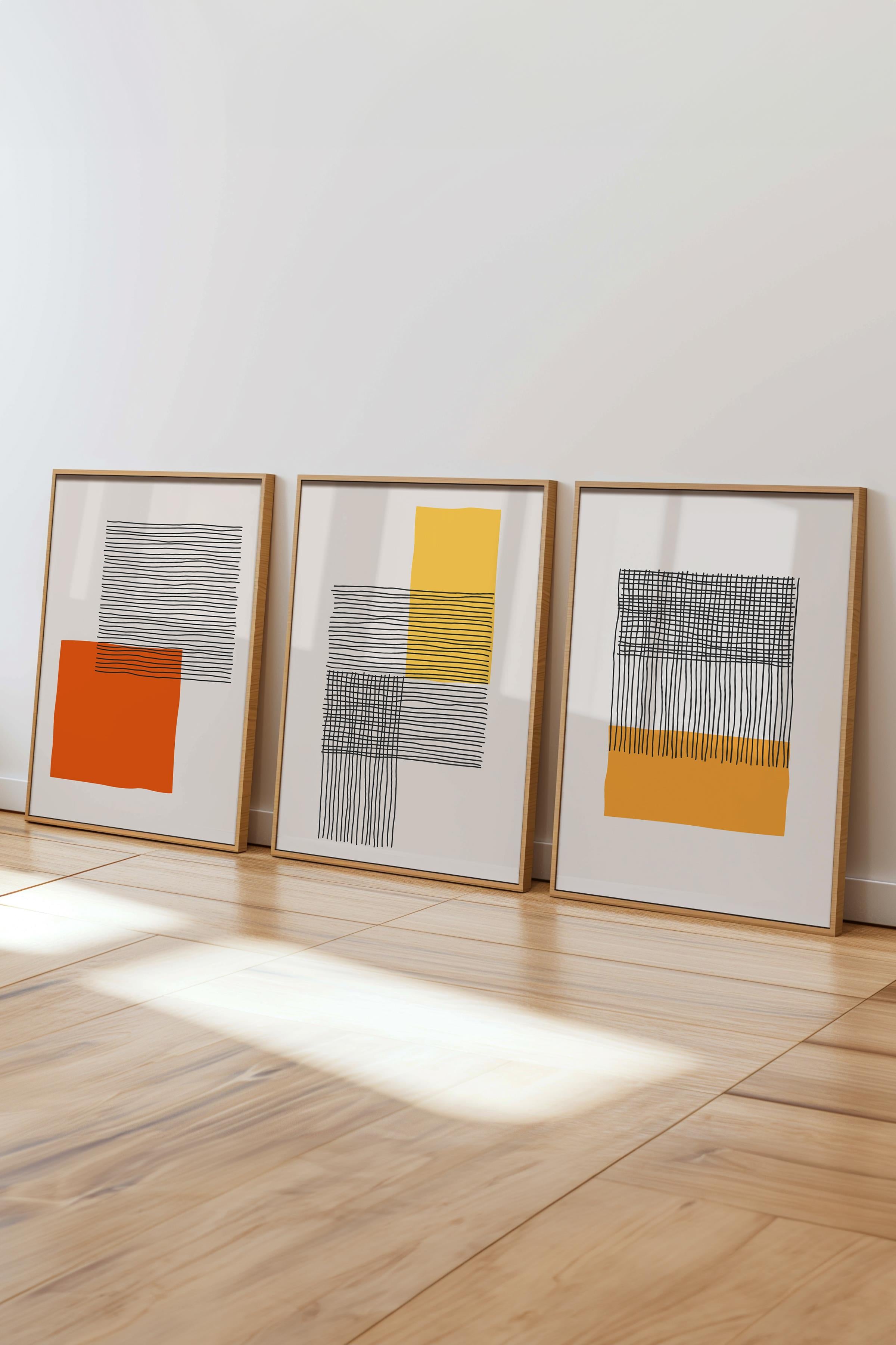 Çerçeveli Tablo Seti, 3 Adet Ahşap Çerçeve ve Geometrik Temalı Poster Seti, Duvar Tablosu No:300651