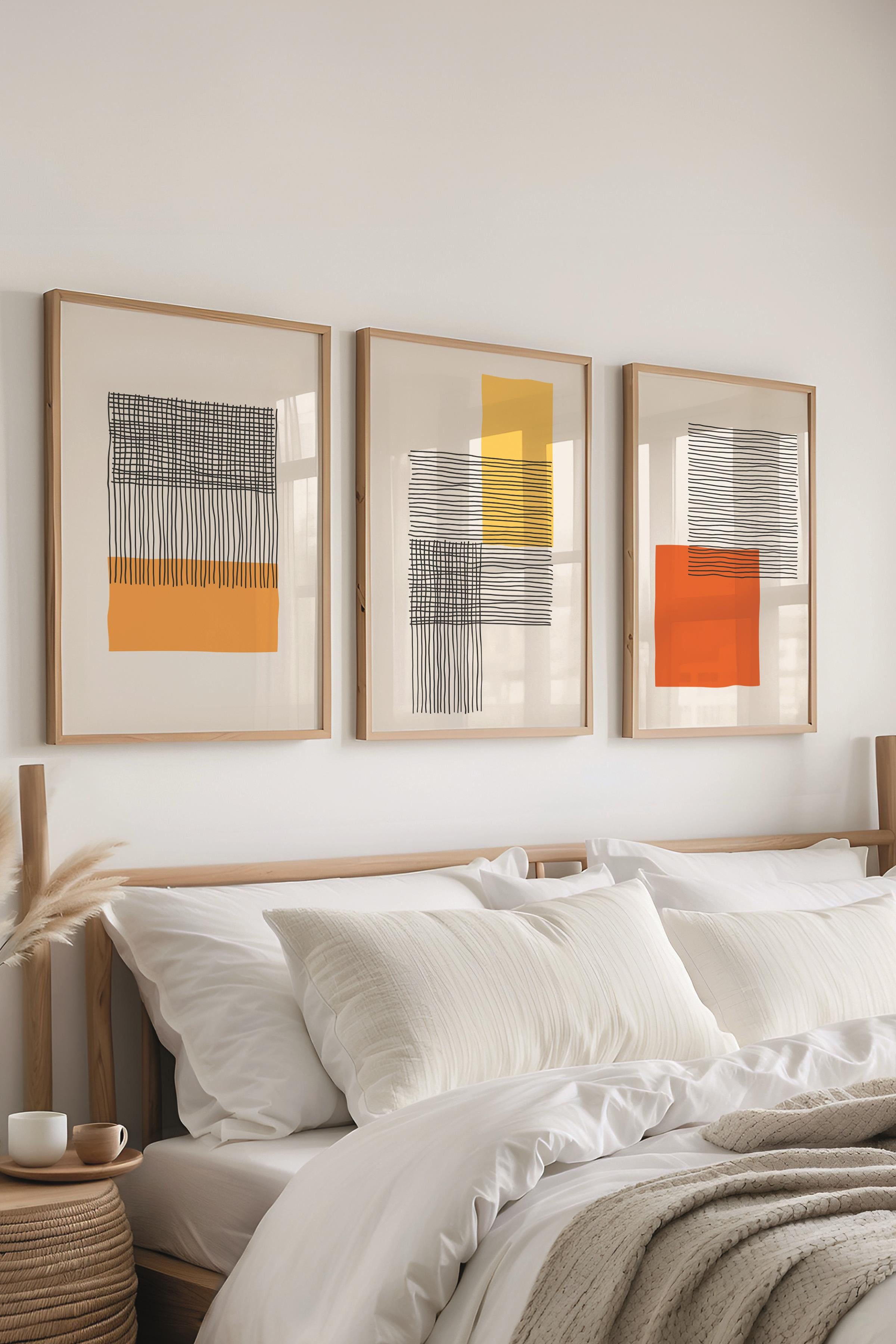 Çerçeveli Tablo Seti, 3 Adet Ahşap Çerçeve ve Geometrik Temalı Poster Seti, Duvar Tablosu No:300651