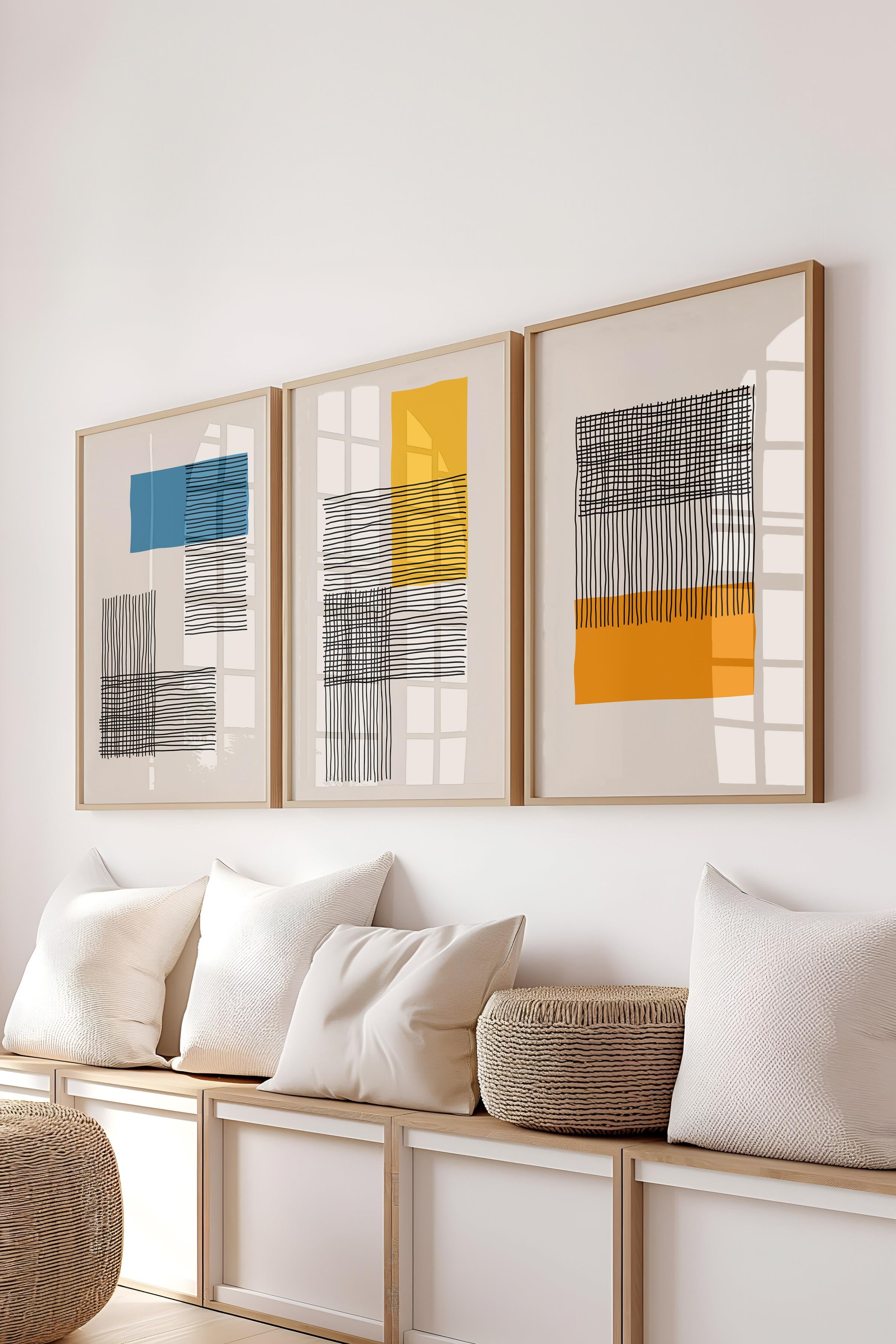 Çerçeveli Tablo Seti, 3 Adet Ahşap Çerçeve ve Geometrik Temalı Poster Seti, Duvar Tablosu No:300652