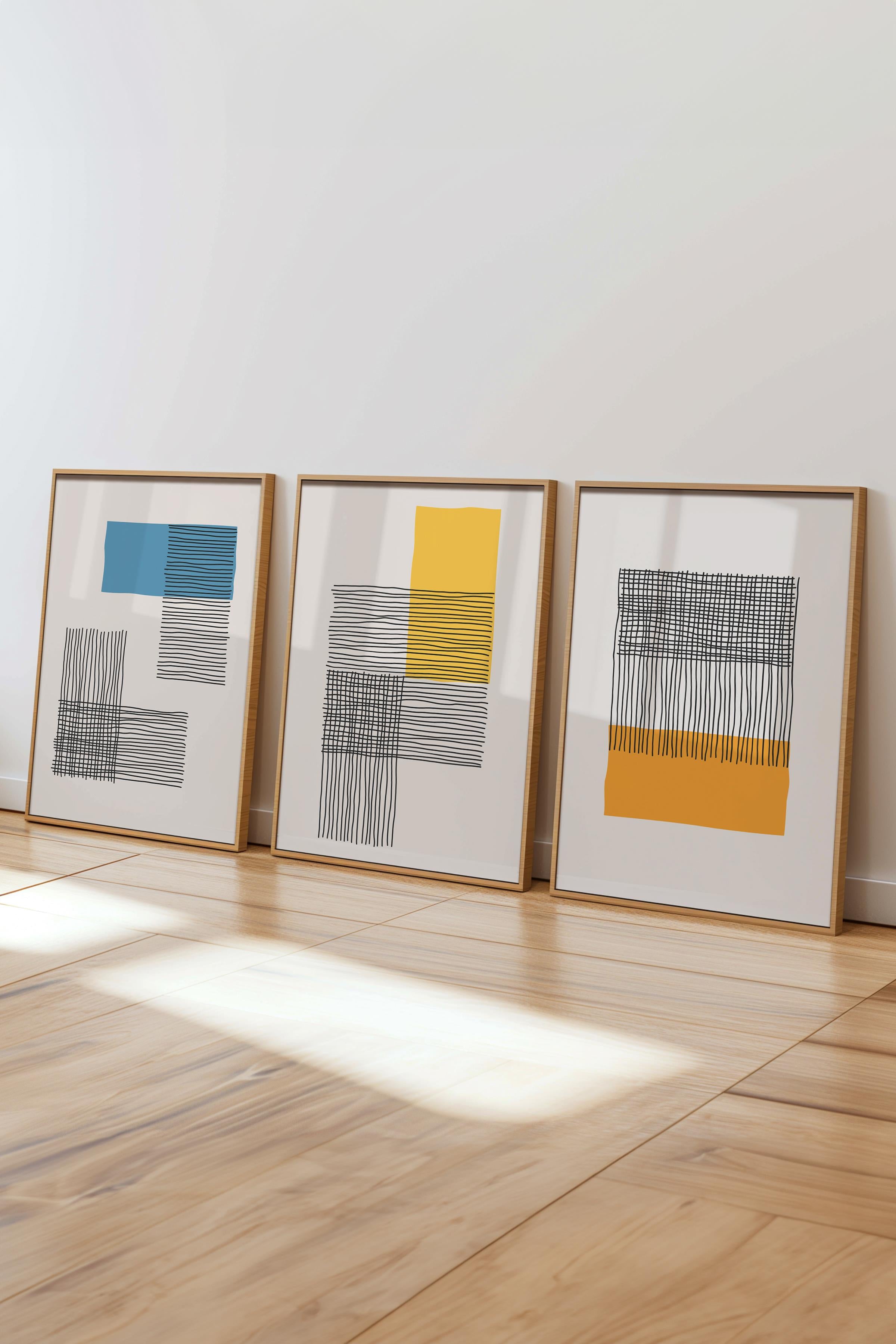 Çerçeveli Tablo Seti, 3 Adet Ahşap Çerçeve ve Geometrik Temalı Poster Seti, Duvar Tablosu No:300652