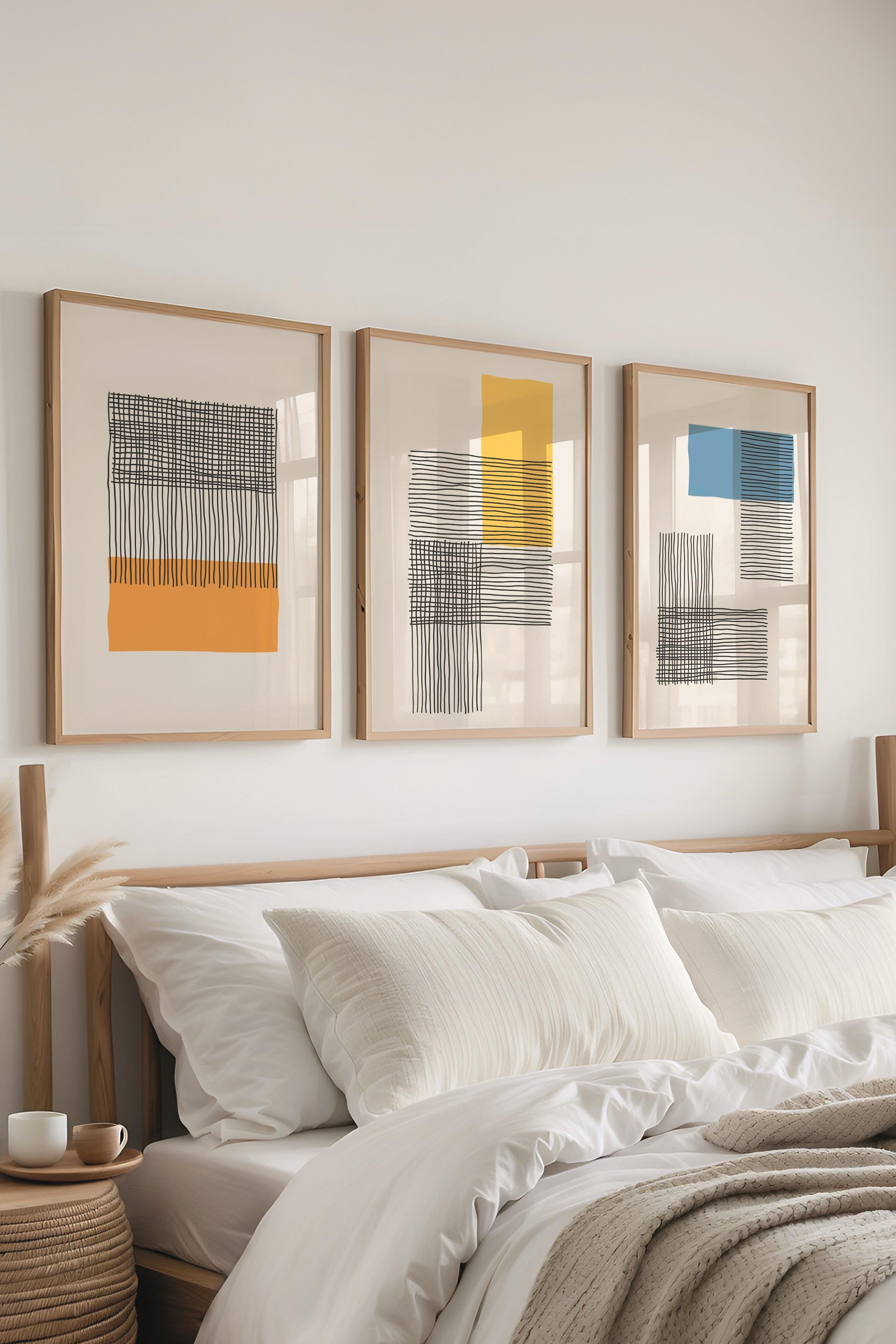 Çerçeveli Tablo Seti, 3 Adet Ahşap Çerçeve ve Geometrik Temalı Poster Seti, Duvar Tablosu No:300652