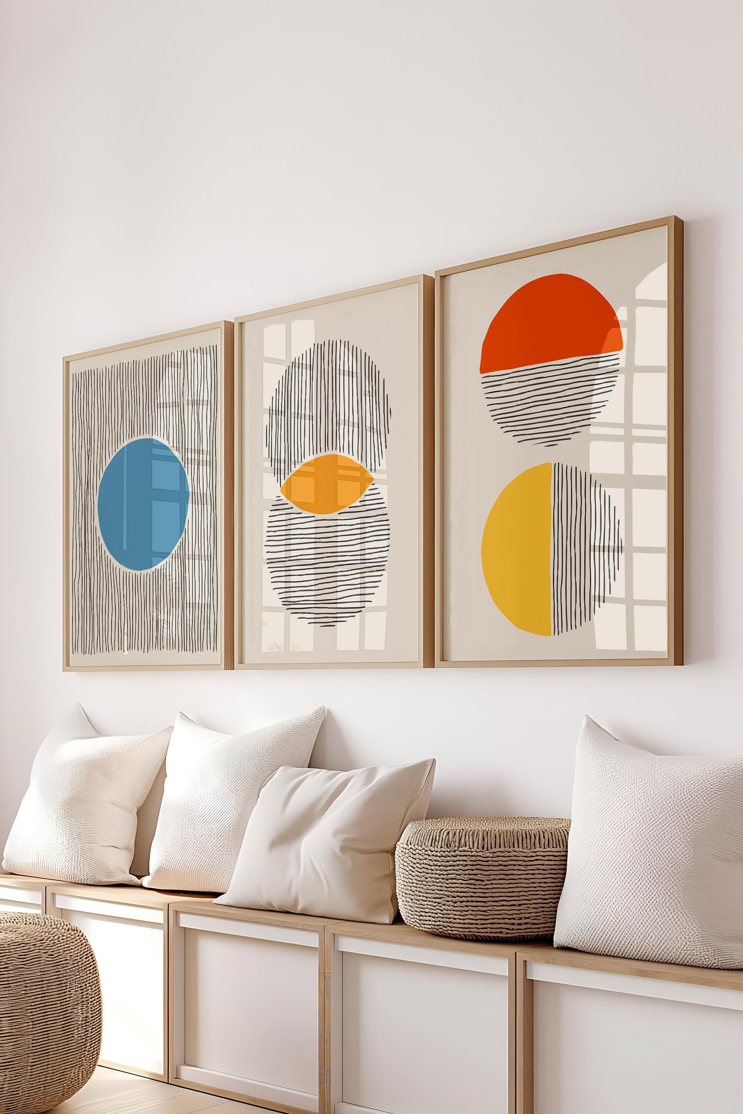 Çerçeveli Tablo Seti, 3 Adet Ahşap Çerçeve ve Geometrik Temalı Poster Seti, Duvar Tablosu No:300653