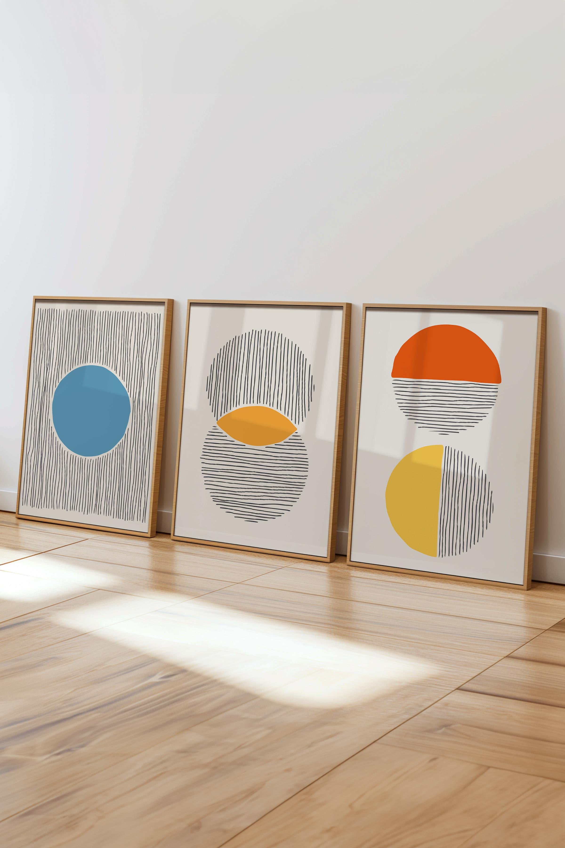 Çerçeveli Tablo Seti, 3 Adet Ahşap Çerçeve ve Geometrik Temalı Poster Seti, Duvar Tablosu No:300653