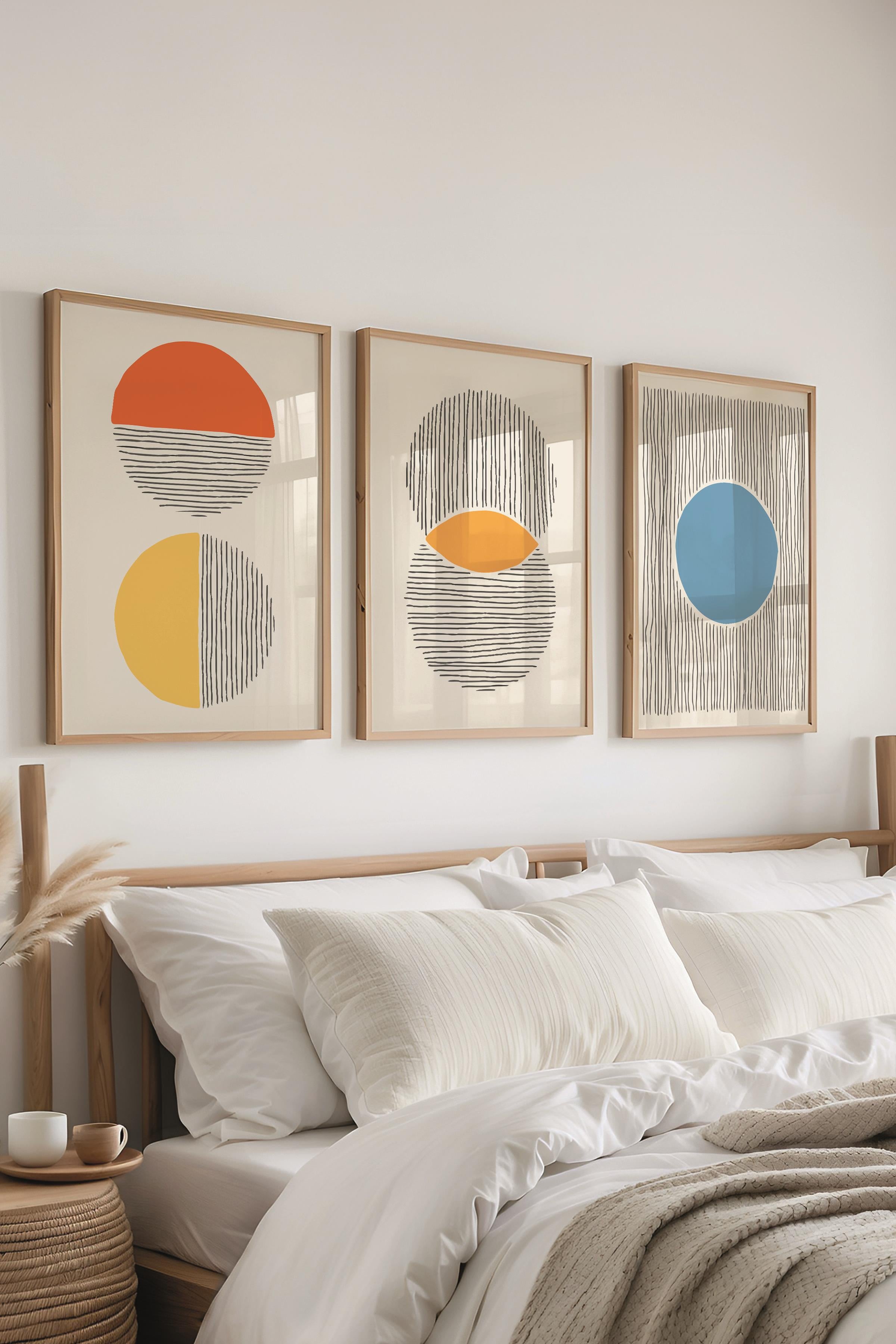Çerçeveli Tablo Seti, 3 Adet Ahşap Çerçeve ve Geometrik Temalı Poster Seti, Duvar Tablosu No:300653