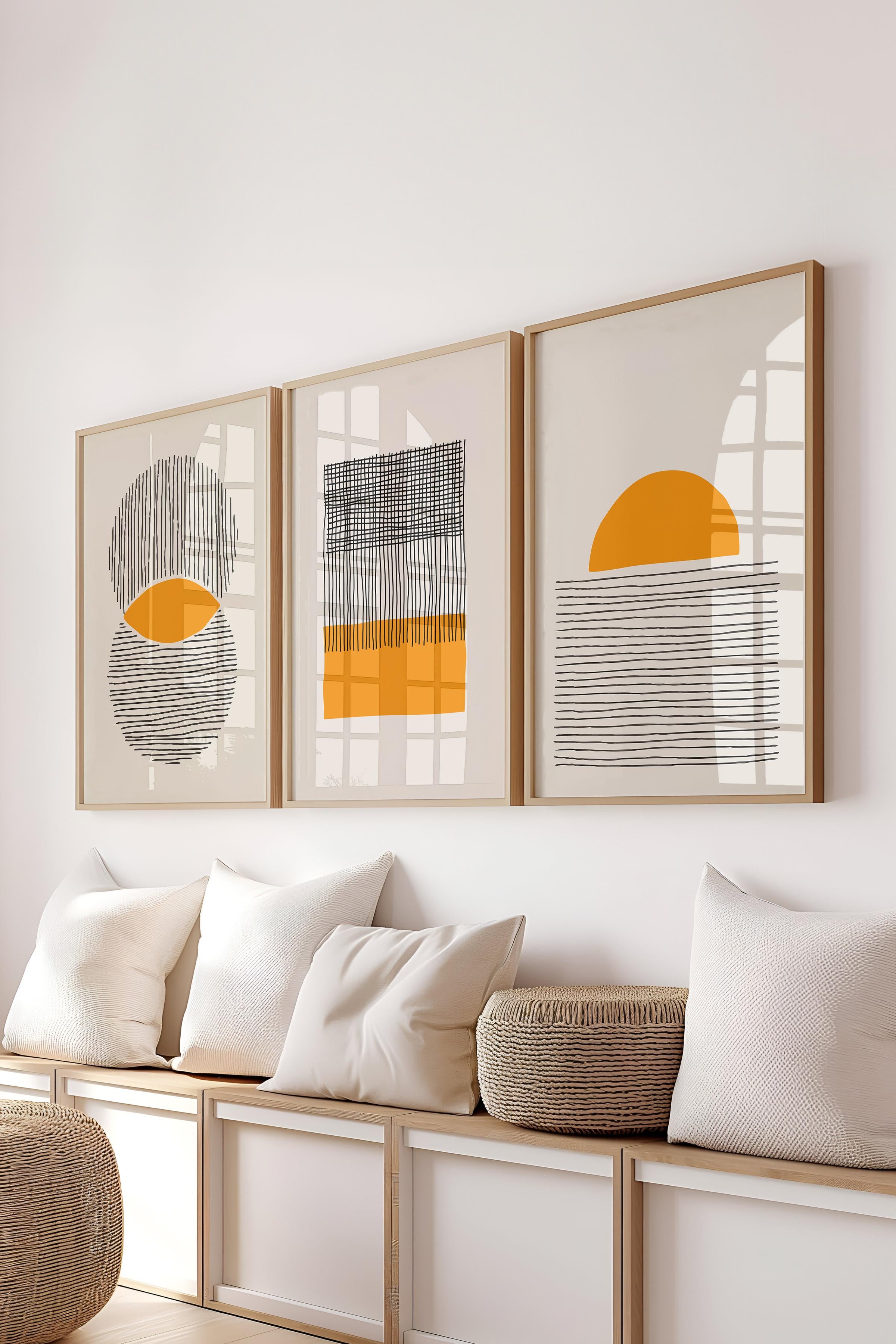 Çerçeveli Tablo Seti, 3 Adet Ahşap Çerçeve ve Geometrik Temalı Poster Seti, Duvar Tablosu No:300654