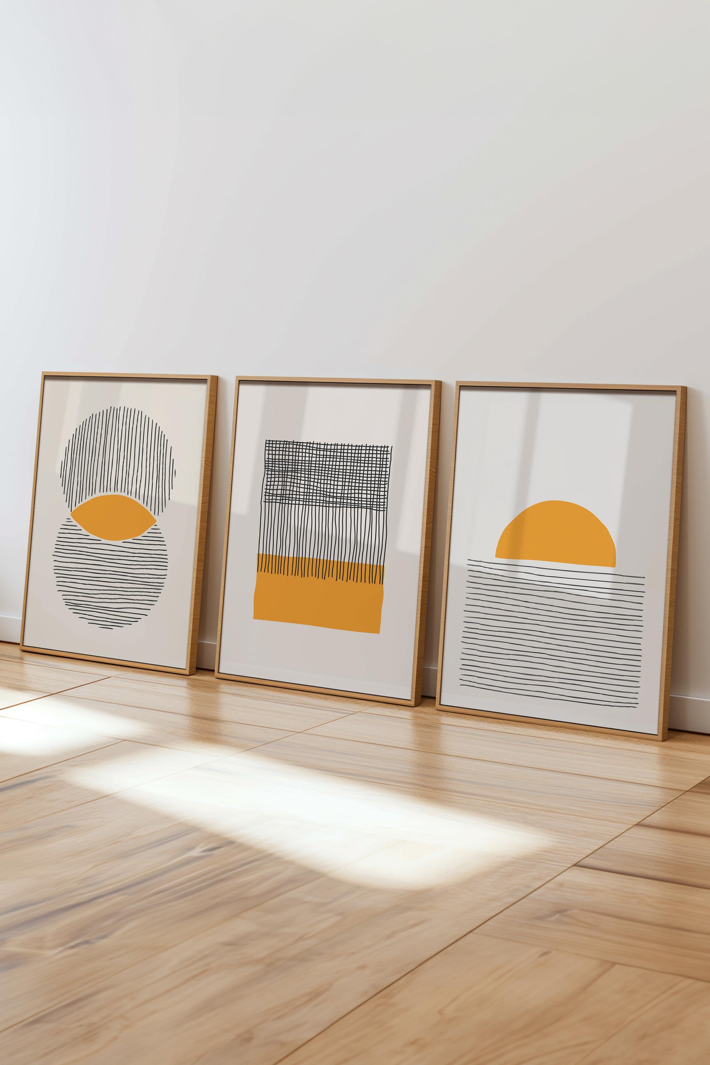 Çerçeveli Tablo Seti, 3 Adet Ahşap Çerçeve ve Geometrik Temalı Poster Seti, Duvar Tablosu No:300654