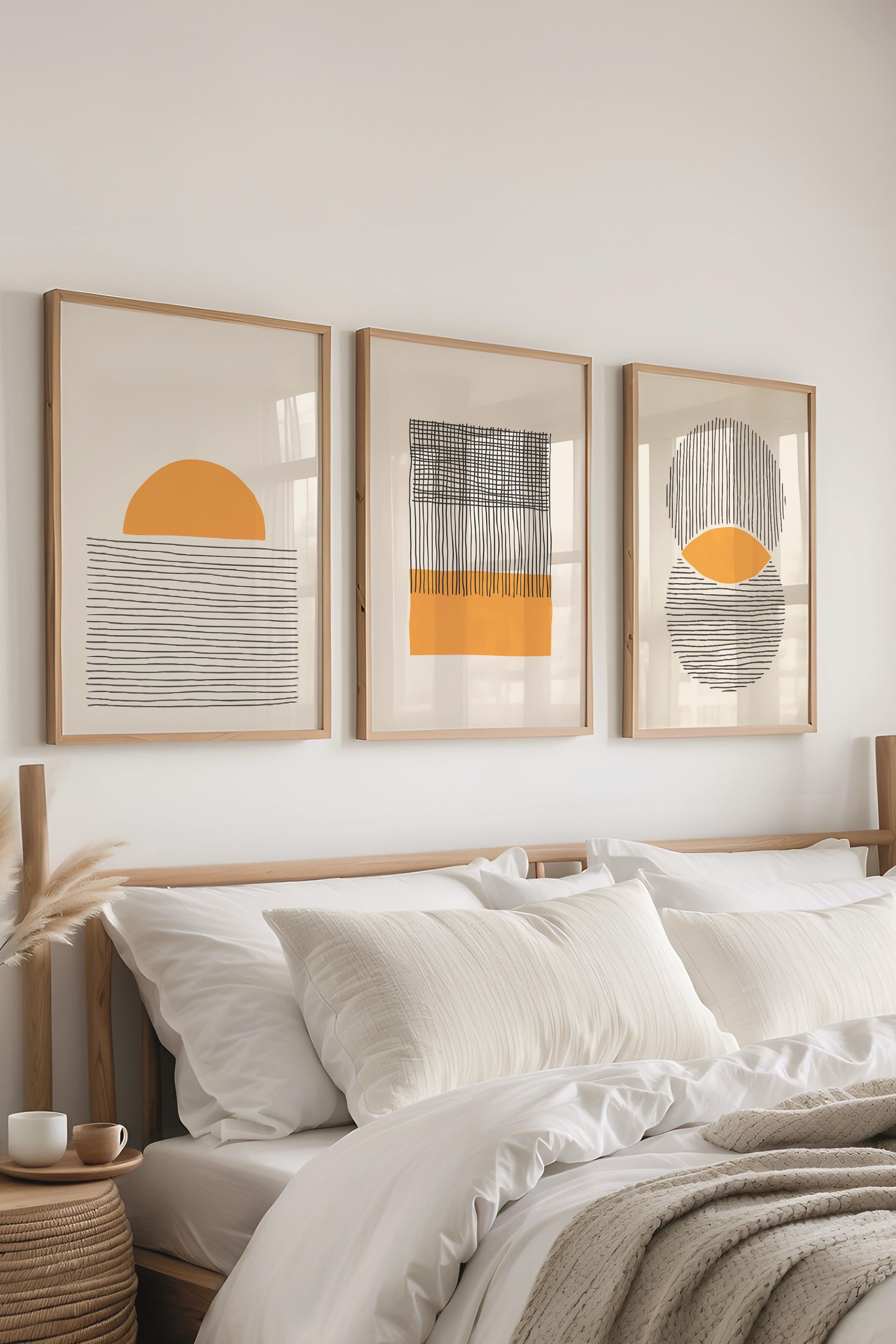 Çerçeveli Tablo Seti, 3 Adet Ahşap Çerçeve ve Geometrik Temalı Poster Seti, Duvar Tablosu No:300654