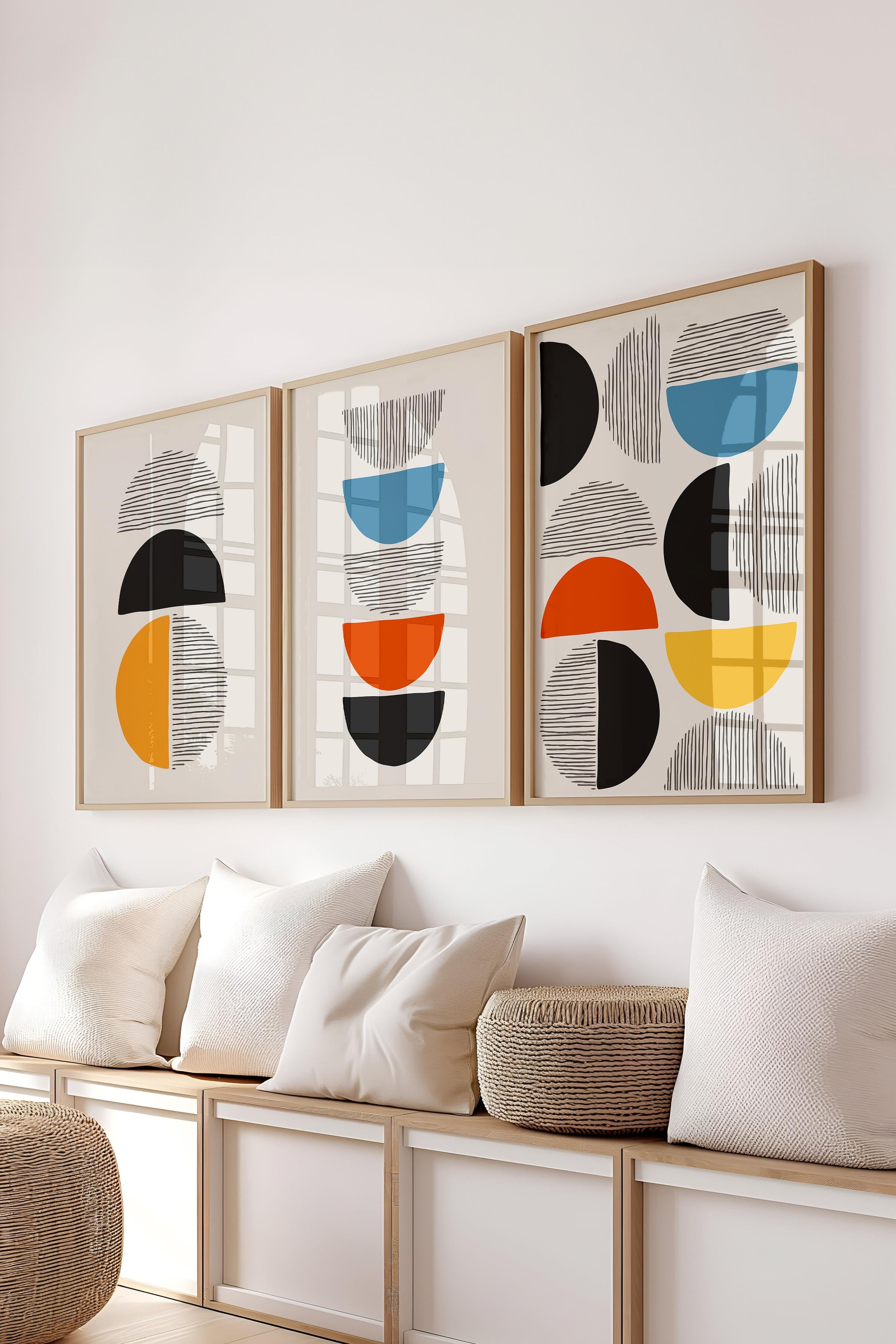 Çerçeveli Tablo Seti, 3 Adet Ahşap Çerçeve ve Geometrik Temalı Poster Seti, Duvar Tablosu No:300655