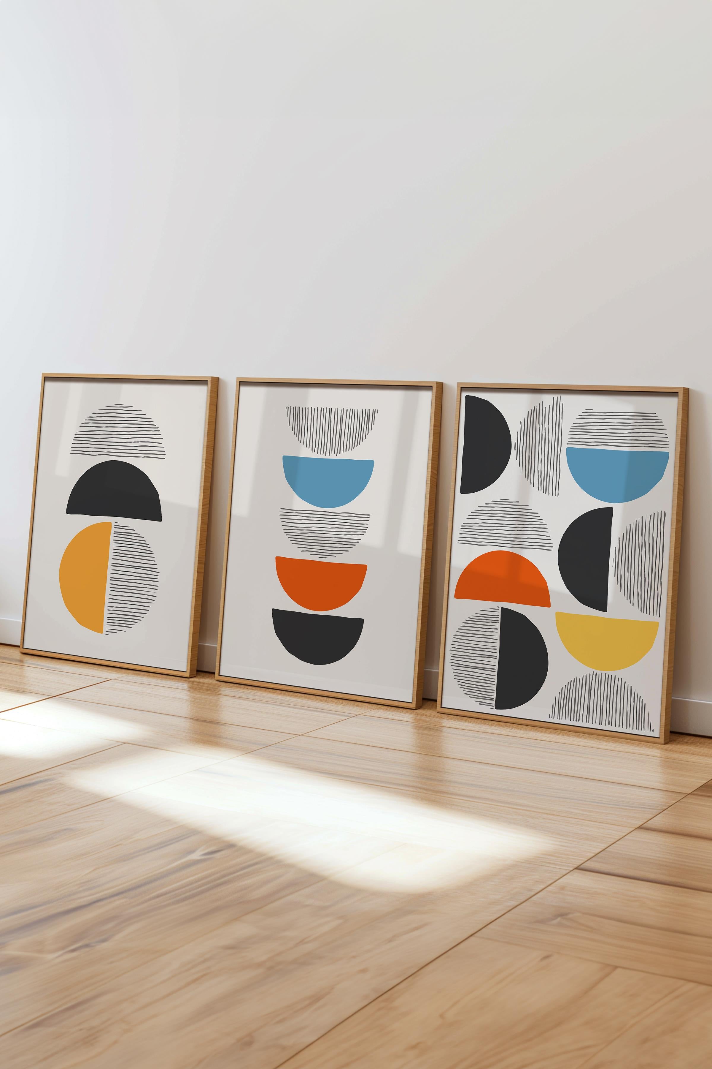 Çerçeveli Tablo Seti, 3 Adet Ahşap Çerçeve ve Geometrik Temalı Poster Seti, Duvar Tablosu No:300655