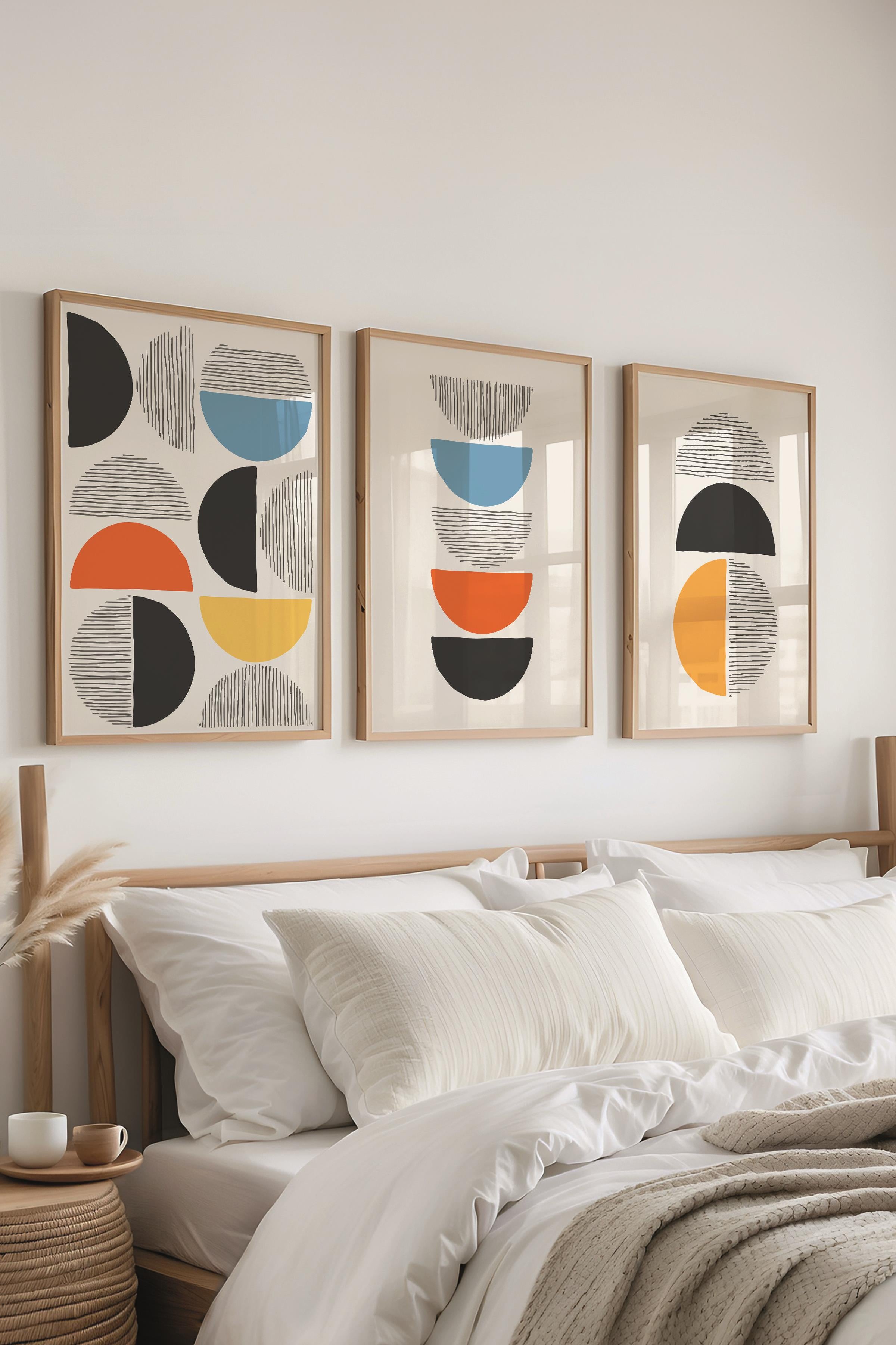 Çerçeveli Tablo Seti, 3 Adet Ahşap Çerçeve ve Geometrik Temalı Poster Seti, Duvar Tablosu No:300655